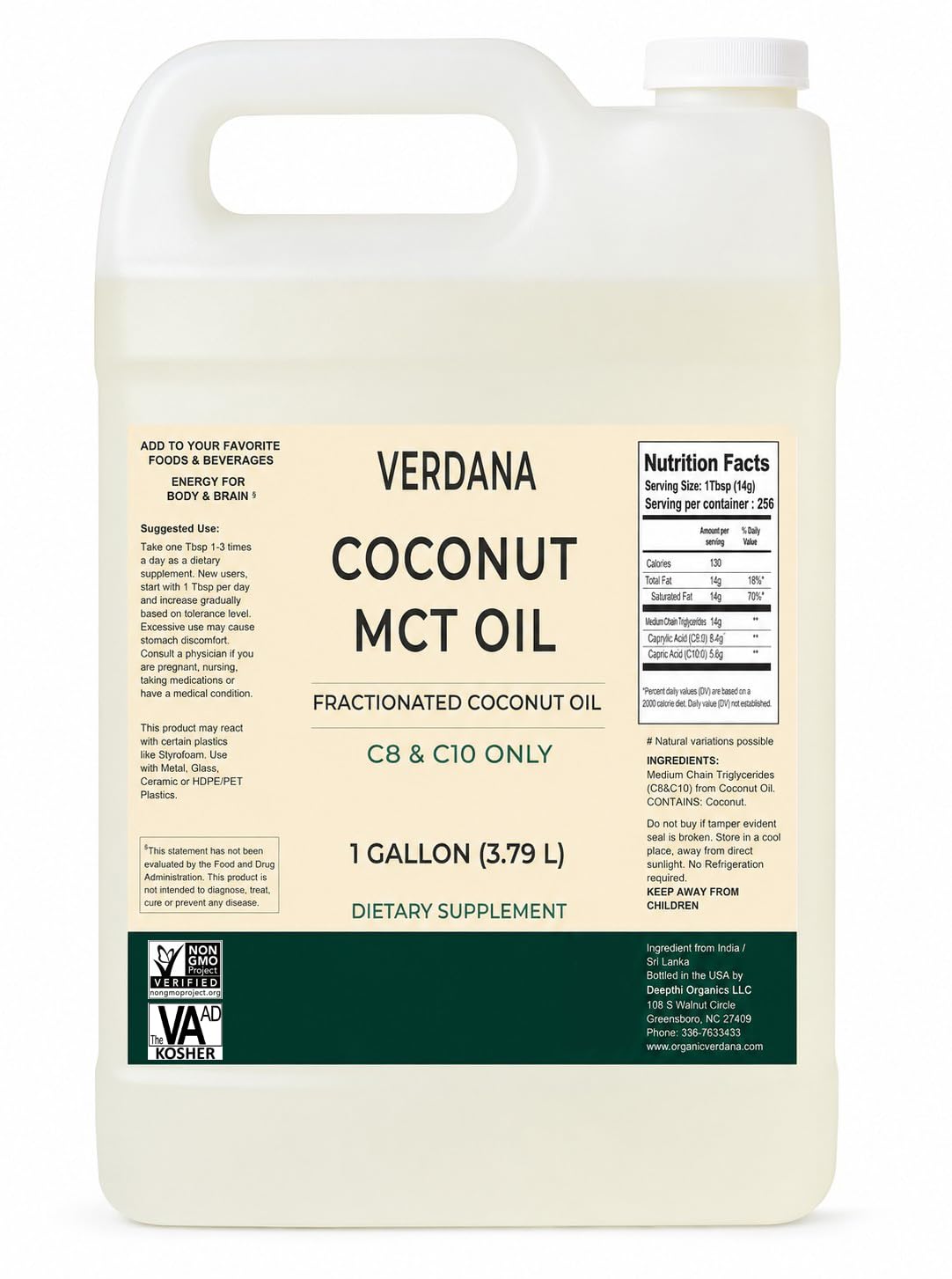 Verdana MCT Oil, Fractionated, 100% from Coconut – 1 Gallon – Kosher Food Grade, Vegan, Non-GMO – Great for Keto and Paleo Diet (128 Fl Oz)