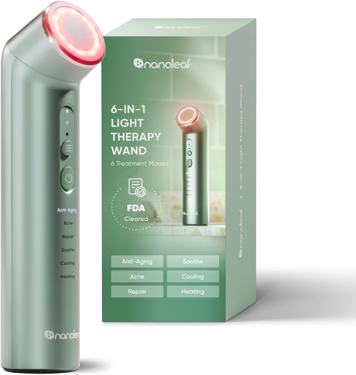 Nanoleaf FDA-Cleared 6-in-1 Light Therapy Wand for Face & Neck, Facial Massager with Red & Blue Light, Vibration, Heat & Cooling, Microcurrent Facial Device for Anti-Aging & Acne