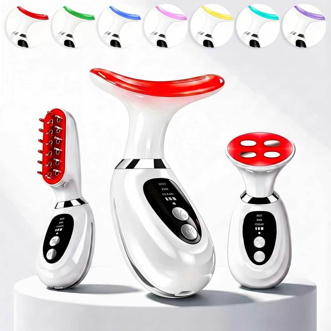 3-in-1 Facial Massager for Face Neck and Scalp,7-Color LED Light Heating and Vibration,3 Interchangeable Massage Heads,Rechargeable Face and Neck Massager,Skin Care Beauty Gift for Women Men