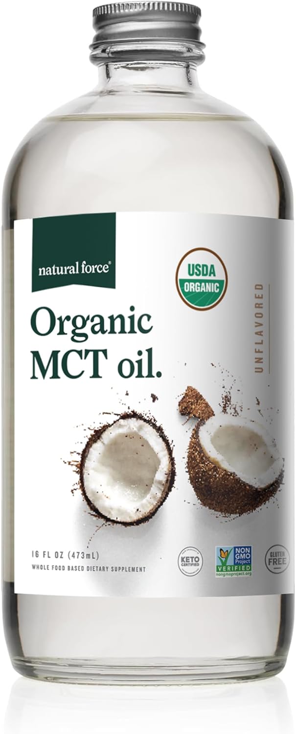 Natural Force Organic MCT Oil – Pure Glass Bottle – Made from 100% Virgin Coconut Oil + Certified Keto, Paleo, Kosher, Vegan & Non-GMO – Lab Tested for Quality and Purity – 16 Ounce