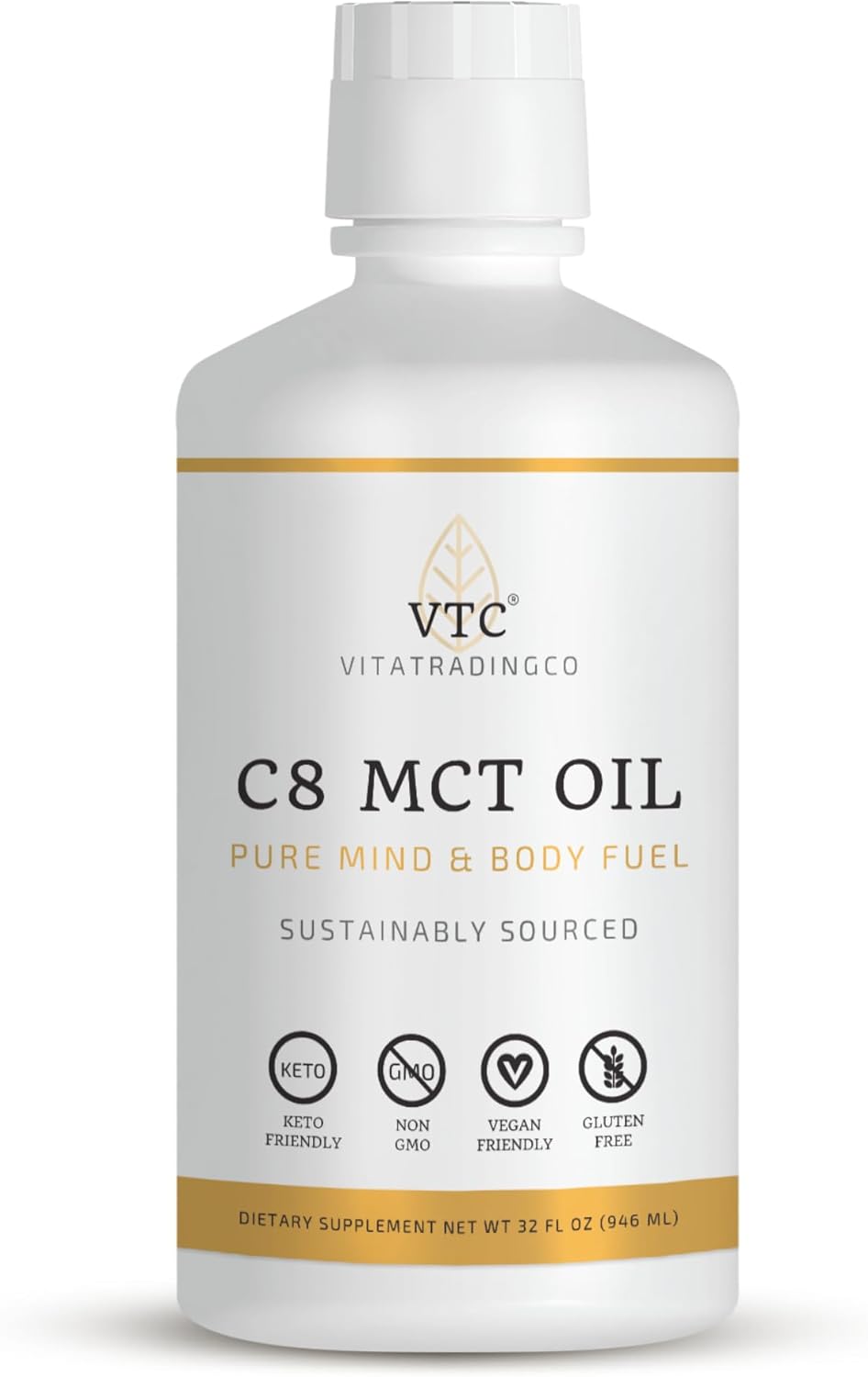 VTC VitaTradingCo. 100% Pure C8 MCT Oil | 3X Distilled Caprylic Acid | Healthy Fat for Clean Energy | Sustainably Sourced | Non-GMO, Paleo, Keto | 32oz, 64 Servings (Unflavored)