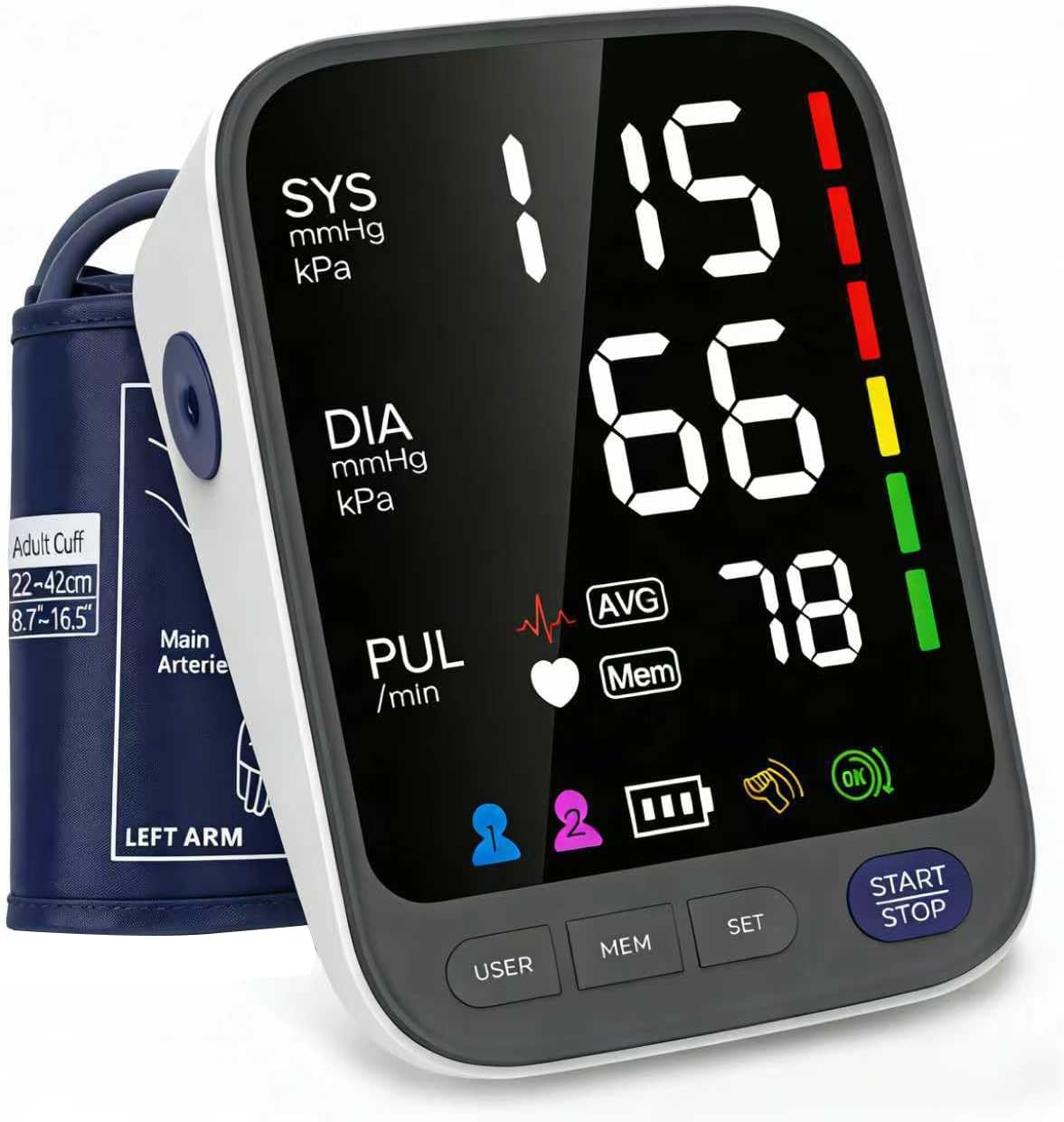 WAJ Automatic Upper Arm Blood Pressure Monitor for Home Use, 6.4 Inch LED Backlit Display, 8.6″-16.5″ Adjustable Cuff, 2×120 Reading Memory, Accurate BP Machine with Hypertension Indicator, White