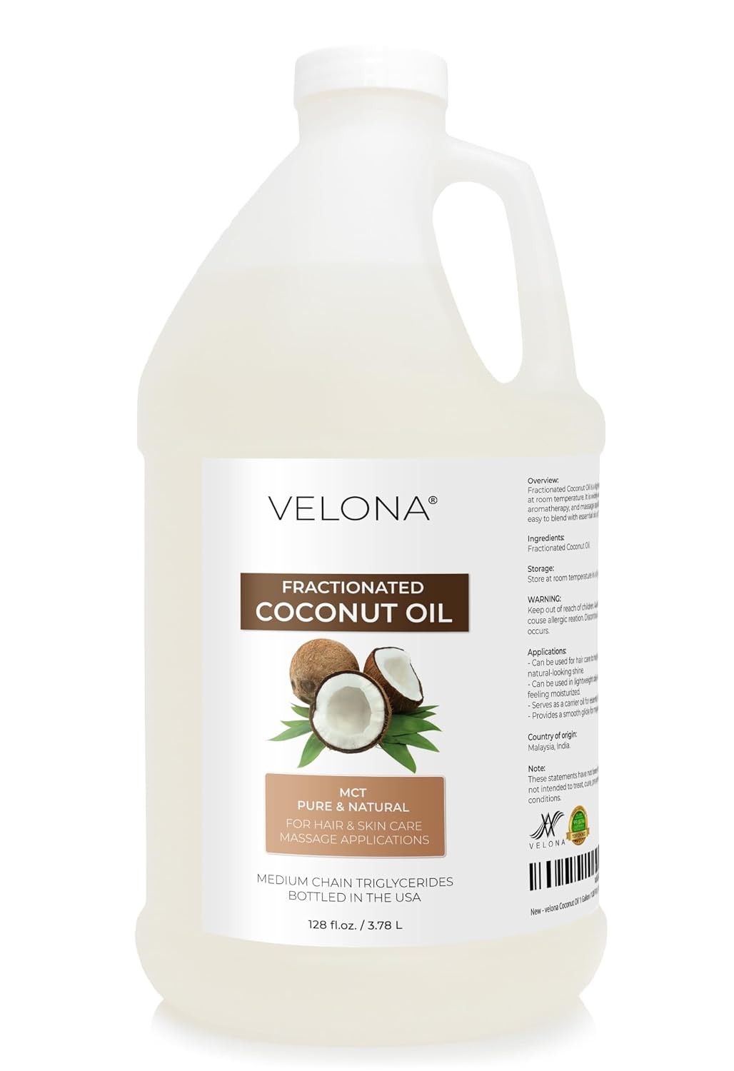 velona MCT Coconut Oil 1 Gallon / 128 Fl Oz | 100% Pure and Natural Carrier Oil | Fractionated | Skin, Face, Body, Hair Care | Use Today – Enjoy Results