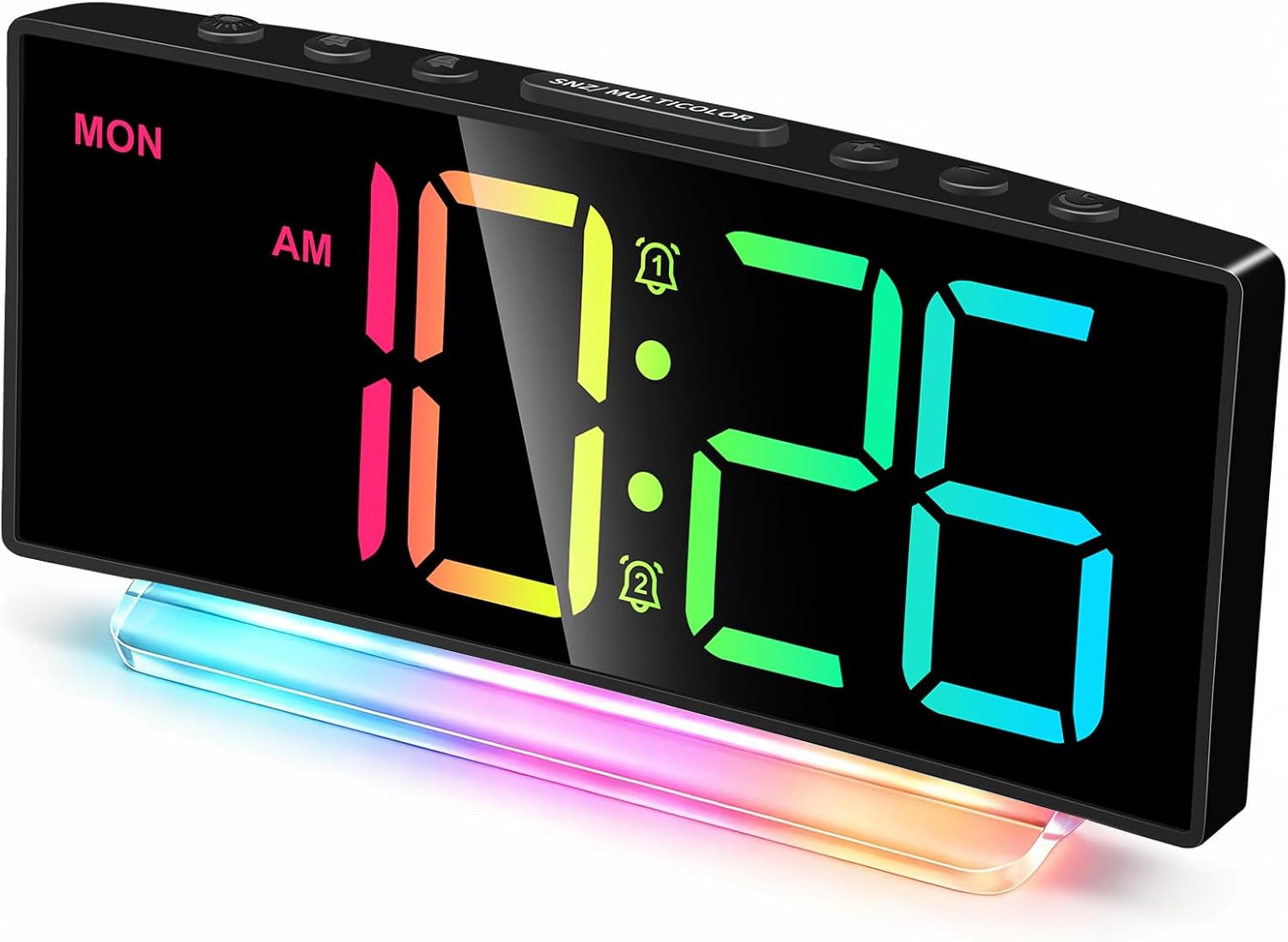 Cadmos Digital Alarm Clock – Extra Loud for Heavy Sleepers Adults Teens Kids, Rainbow Bedside Clock for Bedrooms, Large Display, 7 Color Night Light, Weekday & Weekend, 12/24h (Black+Dynamic)