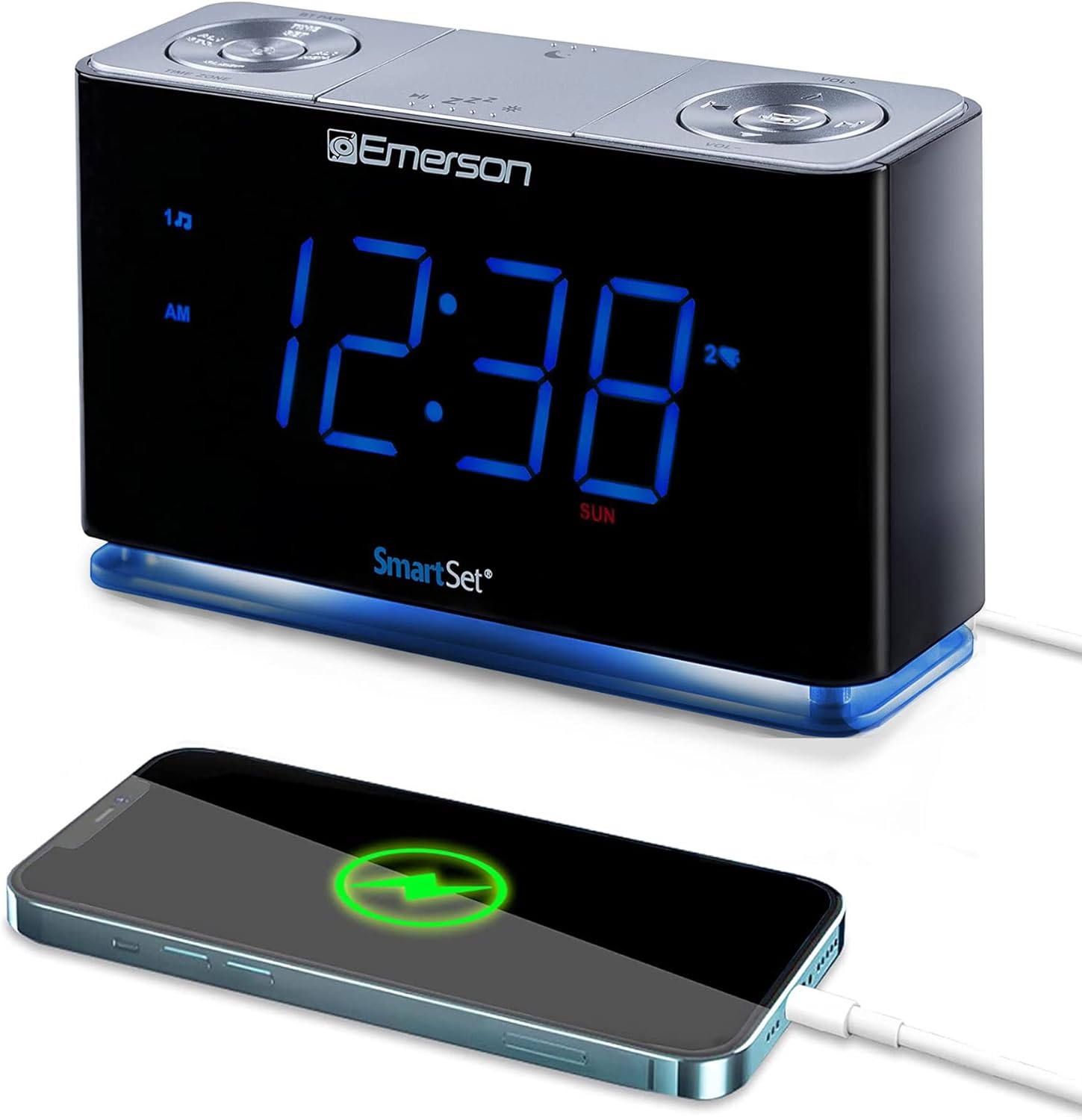 Emerson CKS1507 Smartset Radio Alarm Clock, 1.4″ Blue LED Digital Display, USB Charging Port, Brightness Dimmer Controls, Bluetooth Connectivity, Set Alarm to Radio, Music, or Buzzer, Black