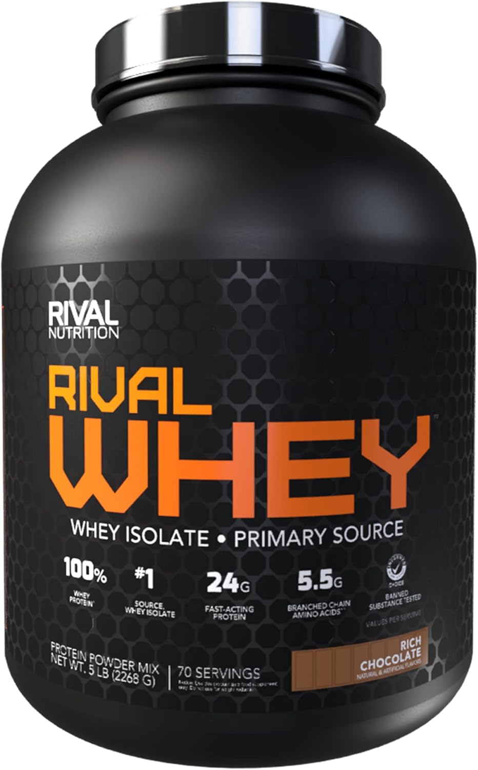 RIVAL NUTRITION Rival Whey Protein Powder I 100% of Protein from Whey I Isolate Primary Source I 24g Protein, 5.5g BCAAs Per Scoop I Recovery, Active Lifestyles (5lb, Rich Chocolate)