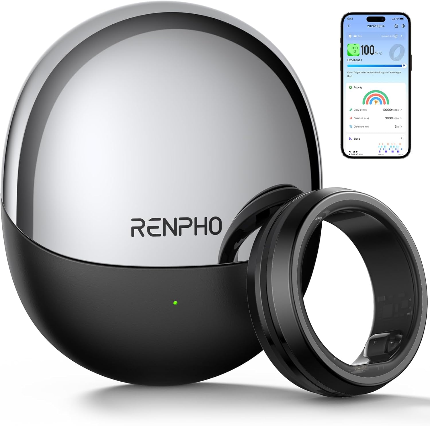 RENPHO Lynx Smart Ring-All Day Sleep & Activity Tracking, Includes Charging Case, Gifts for Men, 7-Day Battery Life, Subscription-Free App for iOS & Android, Size Before You Buy (Black, Size 11)
