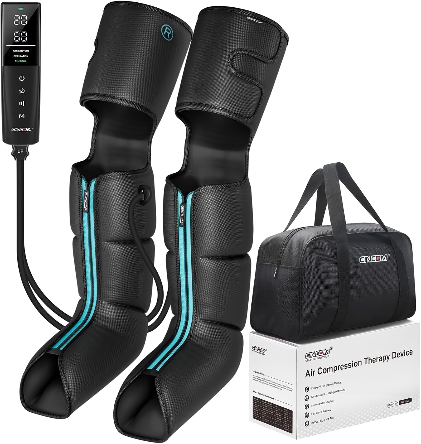 CINCOM Cordless Air Compression Massager – Rechargeable Leg & Foot Boots with 3 Modes, 10 Intensity Levels, 5 Timer Settings for Circulation, Pain Relief, Edema, RLS & Recovery