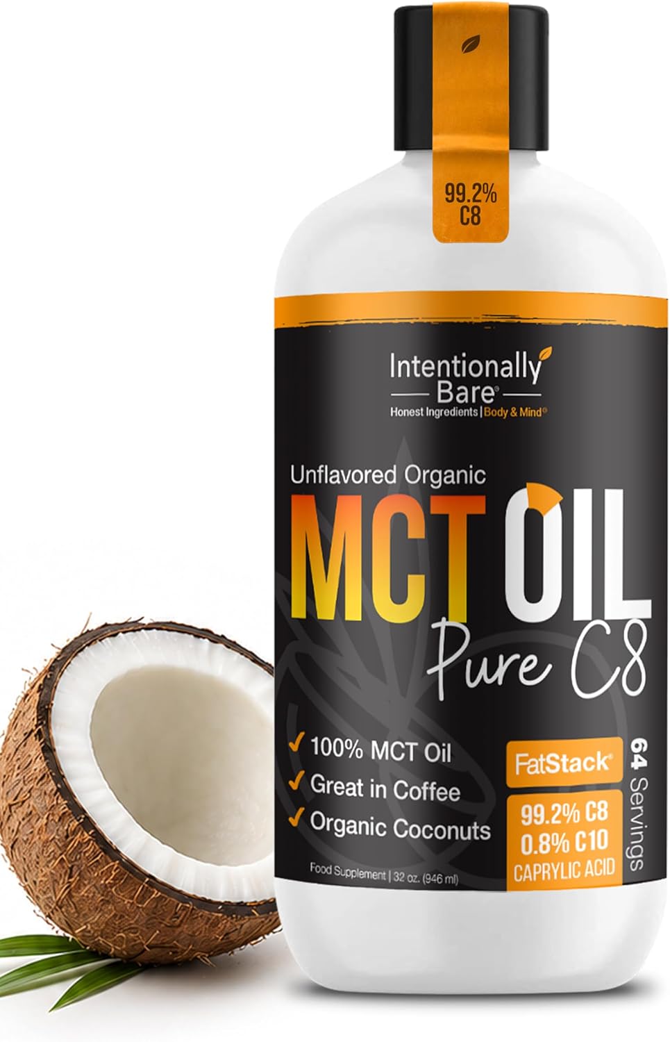 Intentionally Bare Organic Pure C8 MCT Oil – 99.2% – MCT Oil C8 for Energy, Brain, Mood & Focus – Supports Keto, Low Carb, Paleo, Vegan, Intermittent Fasting – Coffee & Salads – Unflavored – 32oz