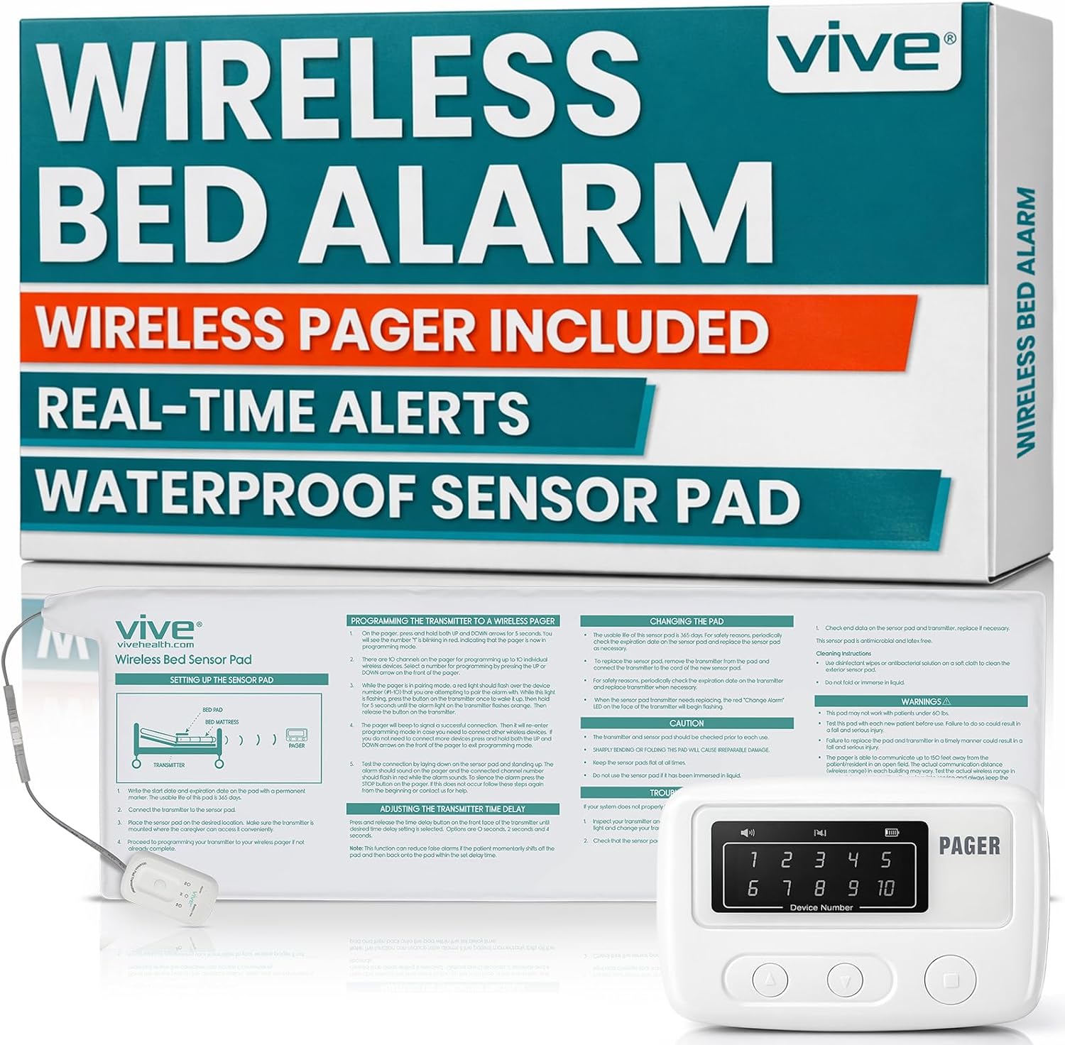 Vive Wireless Bed Alarm – Motion Sensor Kit for Elderly Dementia Patients – Weight Movement Pressure Pad Detector – Automatic Health Alert System for Mat Elderly