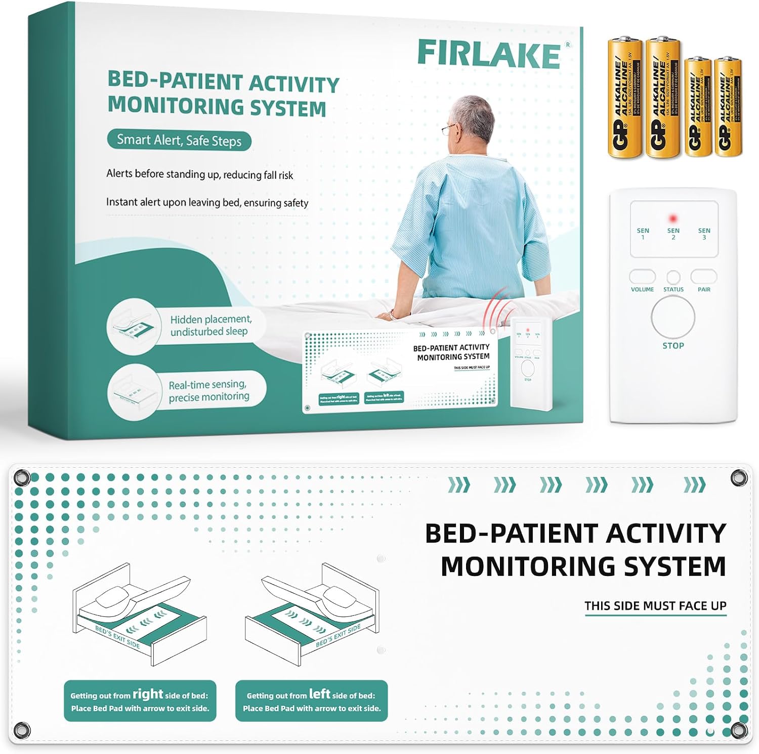 Wireless Bed Alarm for Elderly – Fall Prevention Sensor Pad with Pager – Early & Exit Alert Modes for Dementia Patients – Under Mattress Support, Replaceable Battery