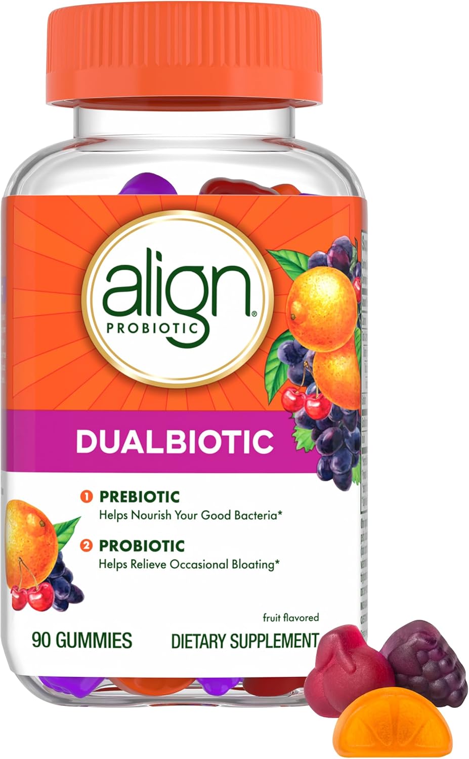 Align Dualbiotic, Prebiotics and Probiotics for Women and Men, Probiotics for Digestive Health, Prebiotics Help Nourish Good Bacteria, Natural Fruit Flavors, 90 Probiotic Gummies (Packaging May Vary)