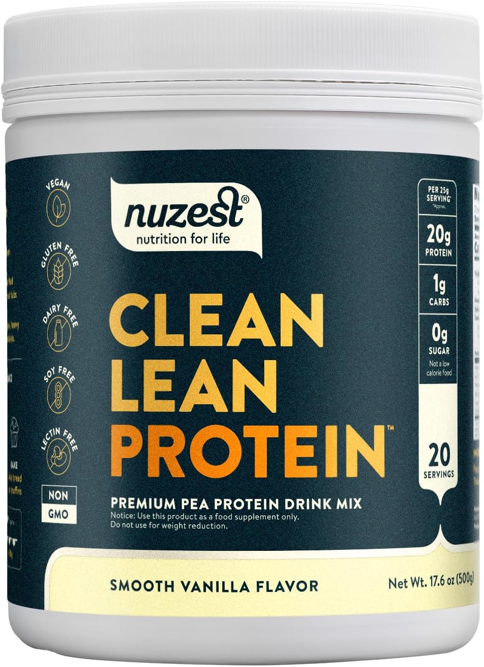 Nuzest – Pea Protein Powder – Clean Lean Protein, Premium Vegan Plant Based, Dairy Free, Gluten Free, GMO Free, Naturally Sweetened Protein Shake, Smooth Vanilla, 20 Servings, 1.1 lb