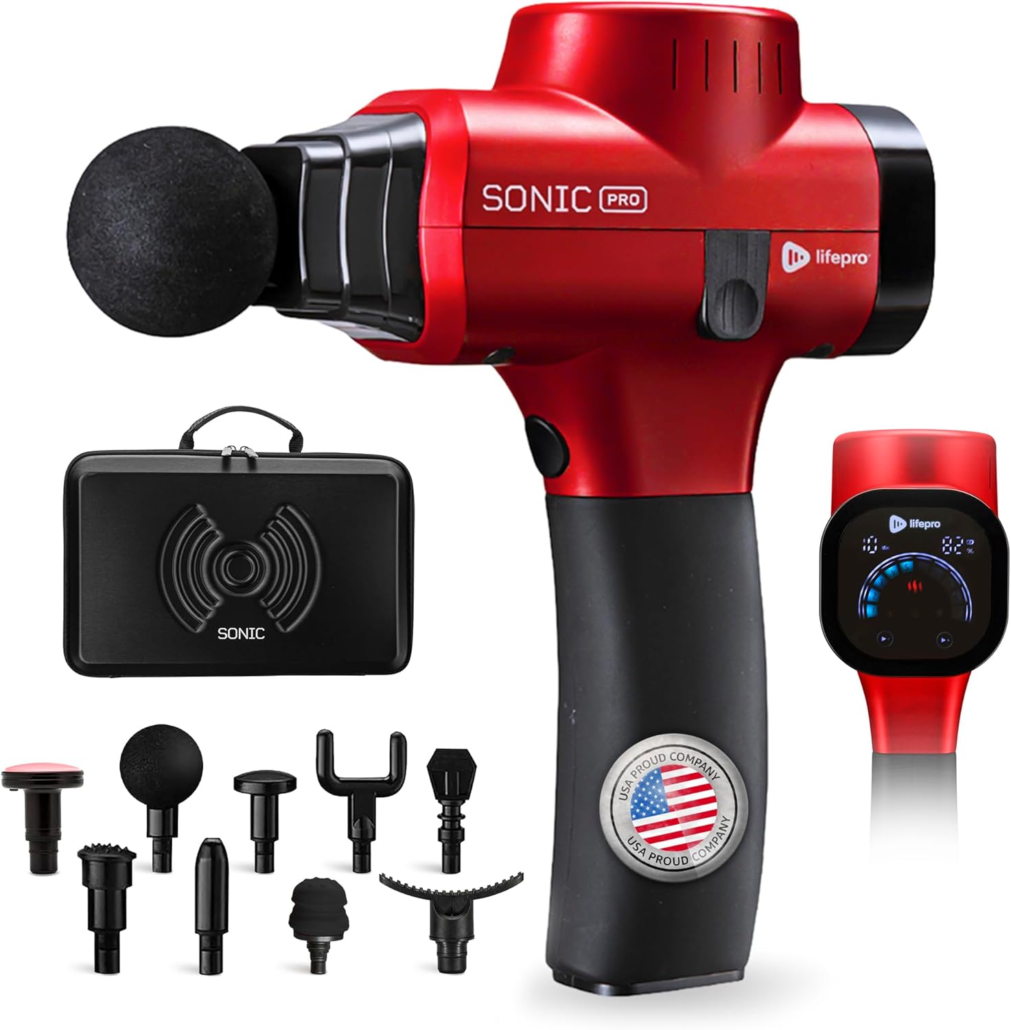 LifePro SonicPro Massage Gun Deep Tissue with Heat — Percussion Massager Gun 10 Speeds 9 Heads — Muscle Massager for Athletes Back, Legs, Arms