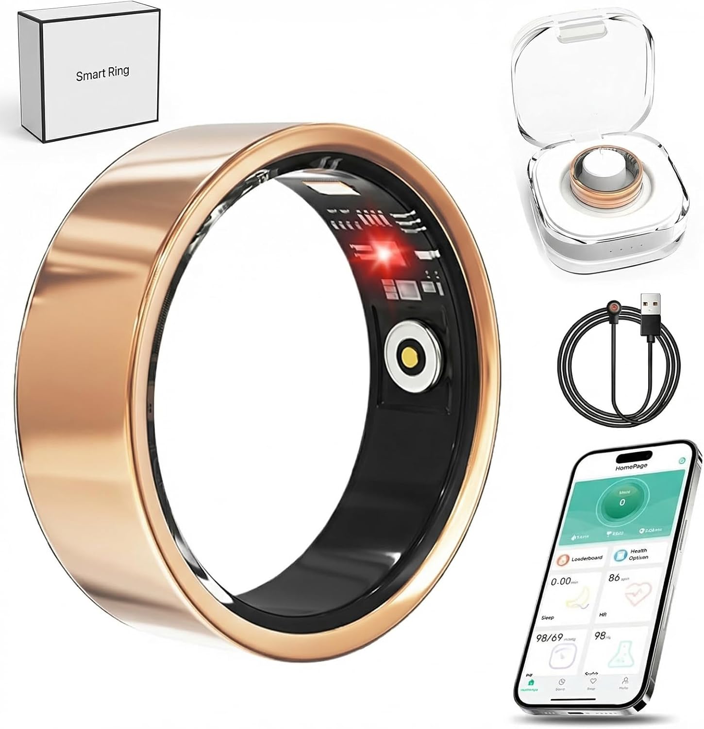 Luxelle Smart Ring Fitness Tracker with Sleep Monitor, Heart Rate, Blood Oxygen, Blood Pressure, Step Counter, 128 Sports Modes, IP68 Waterproof, Magnetic Charging, Compatible with iOS & Android