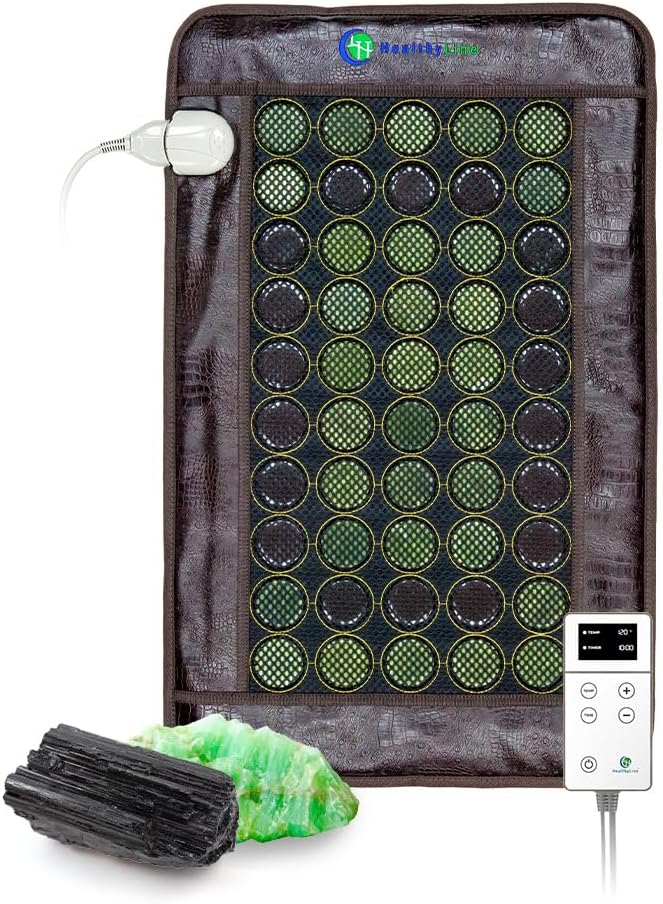 HealthyLine Far Infrared Light Electric Heating Pad for Pain Relief – 50 Pieces Natural Jade and Tourmaline Gemstones – Negative Ions, Flexible Mat – FSA or HSA Eligible