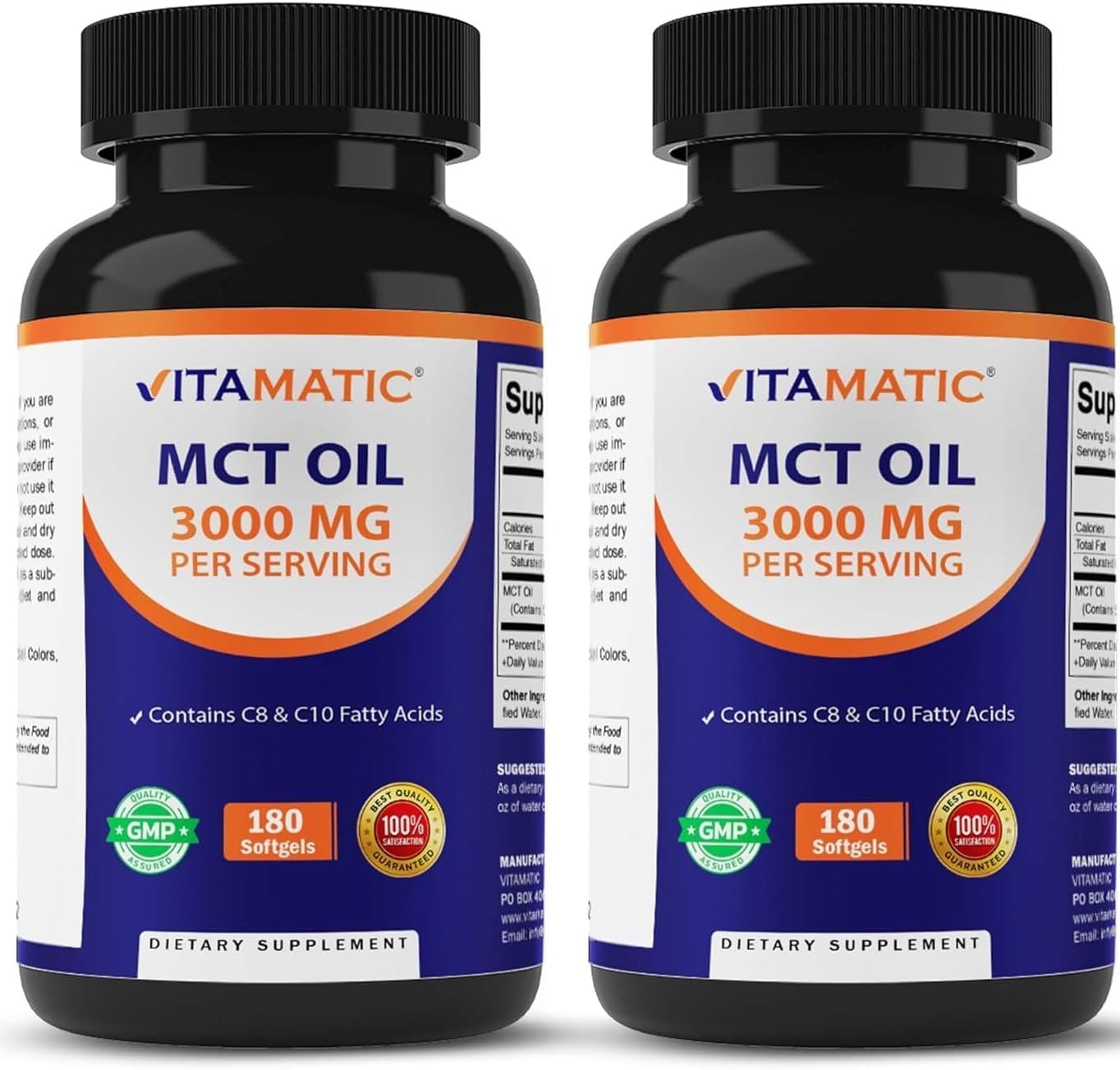 Vitamatic 2 Packs MCT Oil Capsules 3000 mg per Serving – 180 Softgels – from Coconut Oil – Contains 55% caprylic Acid C8 and 40% capric Acid C10 (Total 360 Softgel)