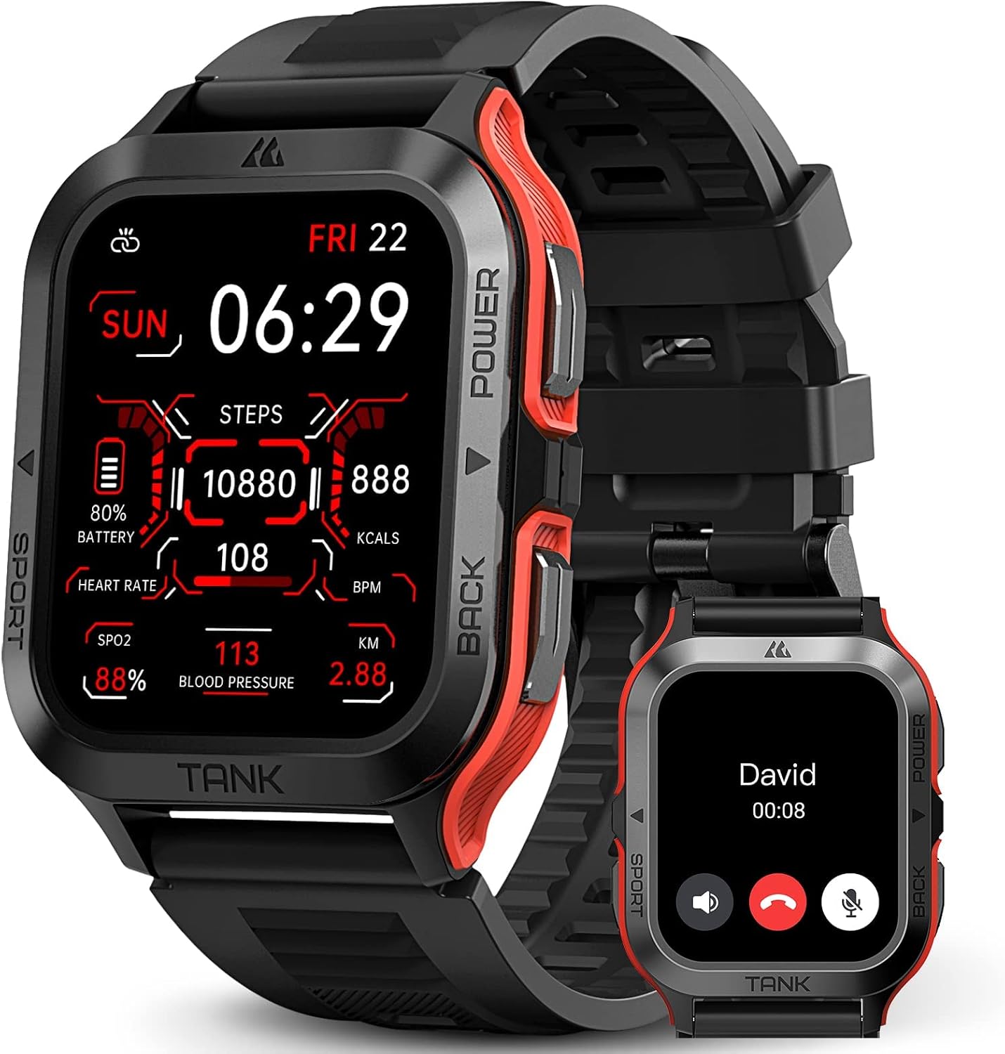 AMAZTIM Smart Watch, 60 Days Extra-Long Battery, 50M Waterproof, Rugged Military Bluetooth Call(Answer/Dial Calls), 1.85″ Ultra Large HD Display, AI Voice Assistant, Compatible for Android and iOS-Red