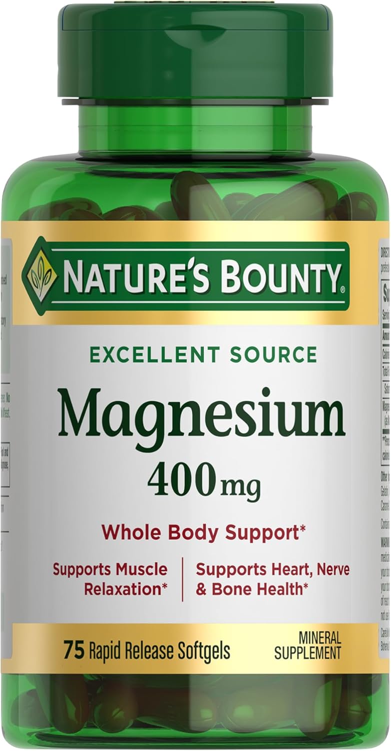 Nature’s Bounty Magnesium 400 mg Softgel, Whole Body Support, Magnesium Supplements for Men and Women, Heart, Nerve & Bone Health, 75 Softgels (Pack of 1)