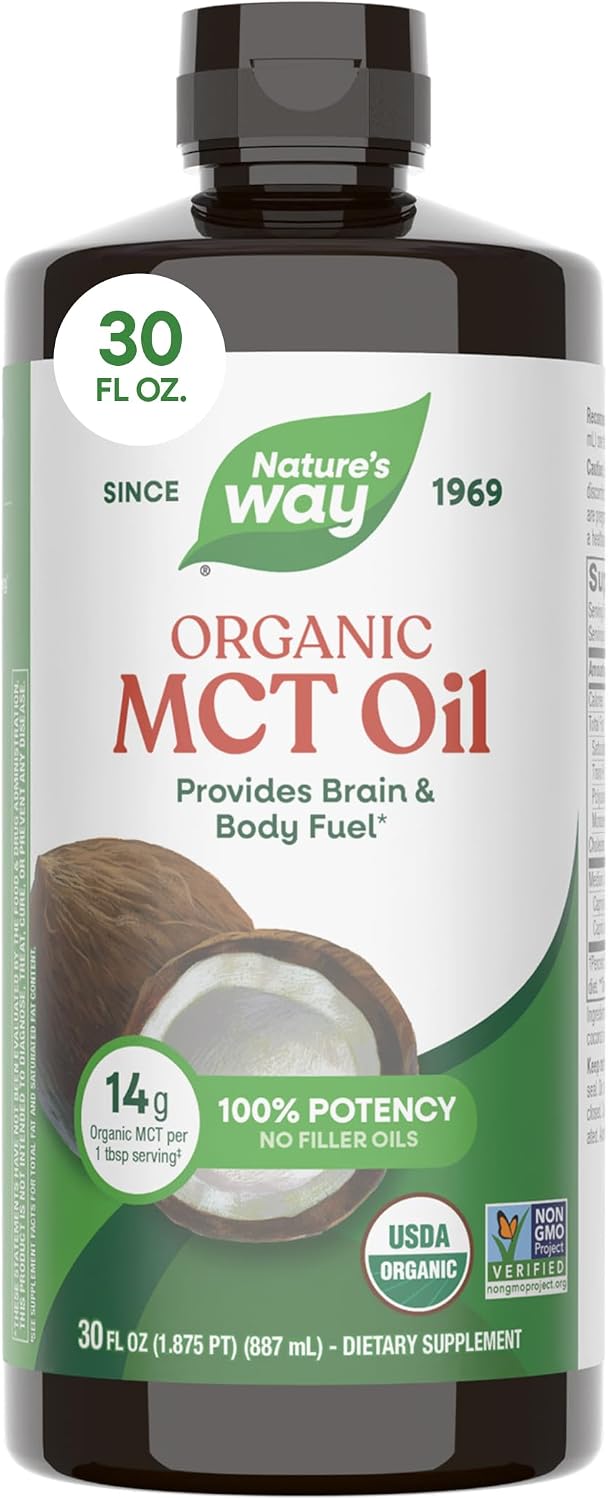 Nature’s Way Organic MCT Oil, Brain and Body Fuel*, Liquid Coconut MCT Oil with C8 Caprylic & C10 Capric Acids, 14 g Medium Chain Triglycerides per Serving, Keto & Paleo Certified, Non-GMO, 30 Fl Oz