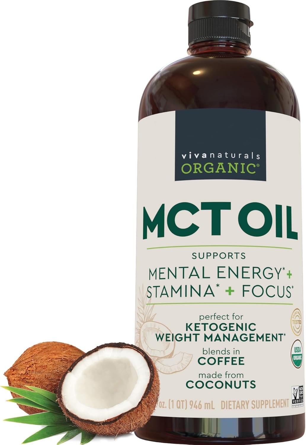 Viva Naturals Organic MCT Oil, 32 fl oz – MCT Oil for Coffee, USDA Organic, Non-GMO, Paleo Certified & Keto Friendly, Supports Energy & Mental Clarity