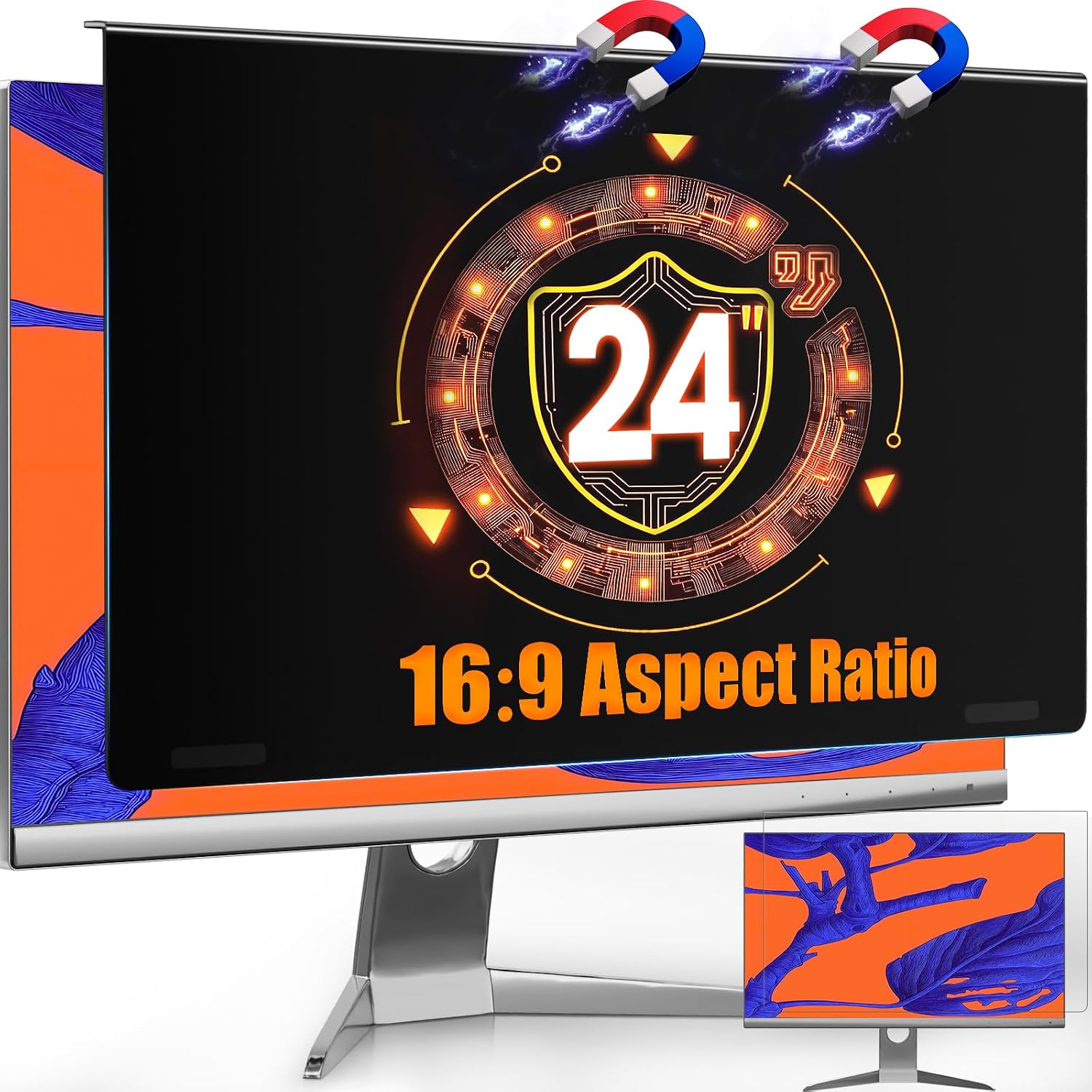 Magnetic Privacy Screen Filter for 24 Inch Computer Monitor 16:9 Aspect Ratio, Removable Hanging Privacy Screen Shield Eye Protection, 24in Anti Blue Light Filter, Anti-Glare Protector