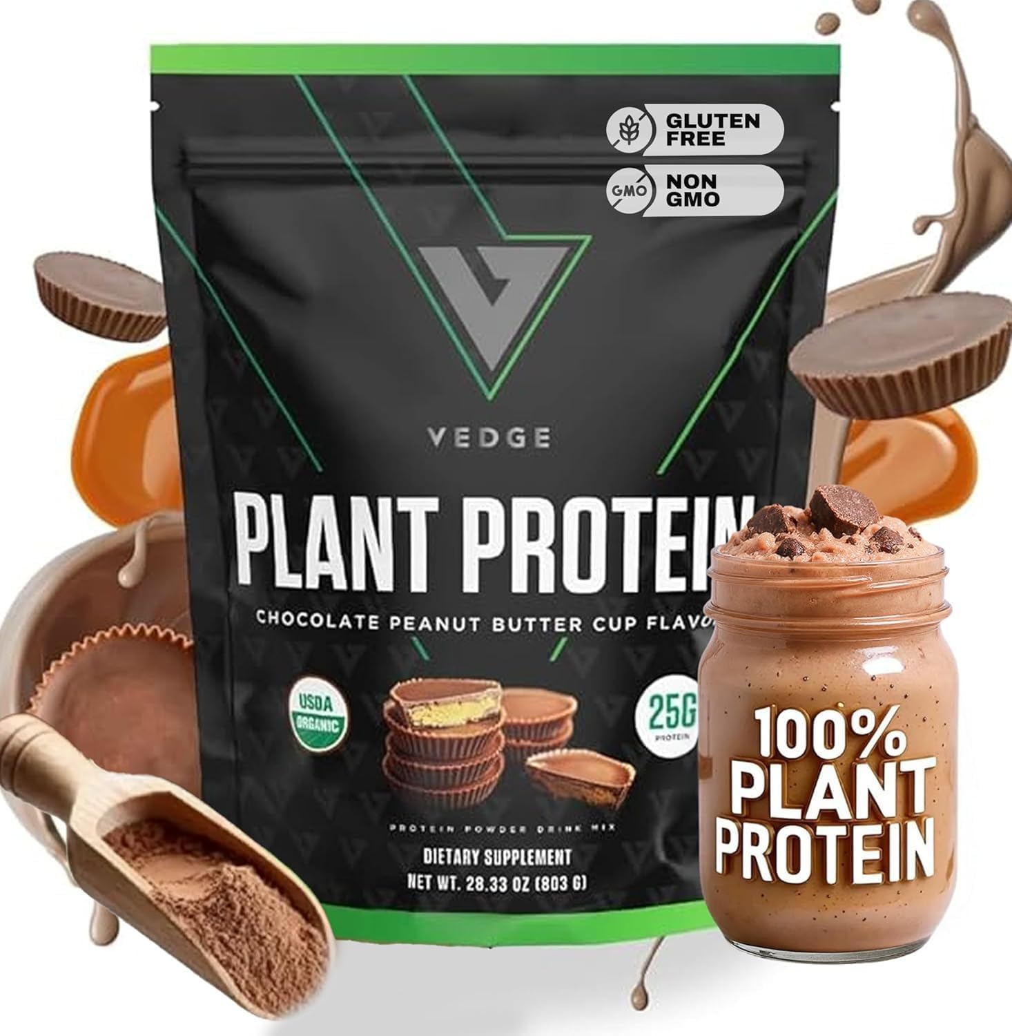VEDGE Vegan Protein Powder – Plant Protein Powder with Pea, Pumpkin & Sunflower – USDA Organic, Amino Acids, Dairy Free, Gluten Free, Soy Free, Keto, Non GMO – Peanut Butter Cup – 20 Servings