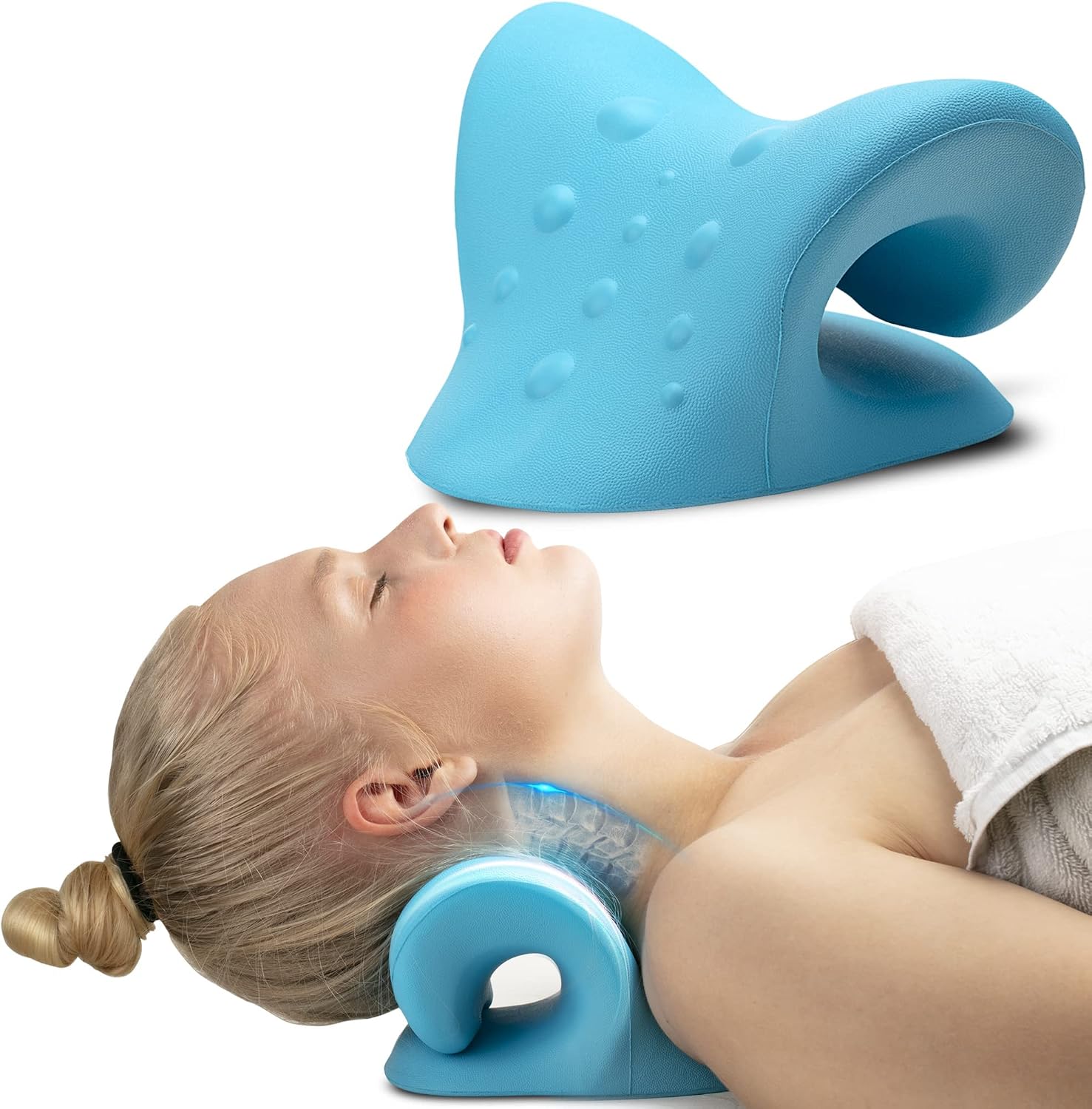 iBWYM Neck Stretcher Cervical Traction Device for Neck and Shoulder Pain Relief, Ergonomic Pillow, Dowager’s Hump Corrector, Cervical Spine Alignment, Neck Curve and Posture Corrector (Light Blue)