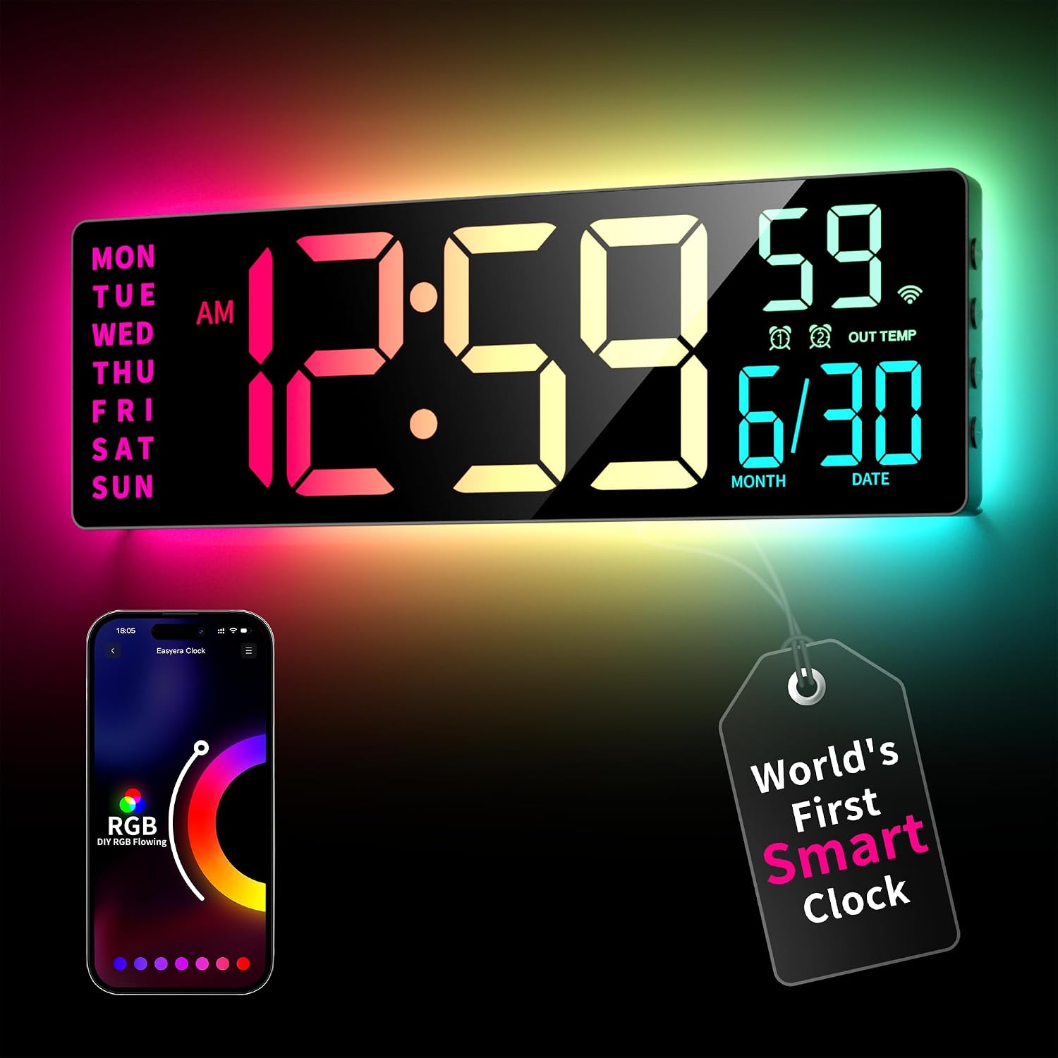 EASYERA Smart Digital Wall Clock with App Control, 16.5” Large RGBIC Wall Clock with Multiple DIY Color and Music Sync, LED Display, Auto DST, Plug-in Clocks for Classroom Home Gym Gaming