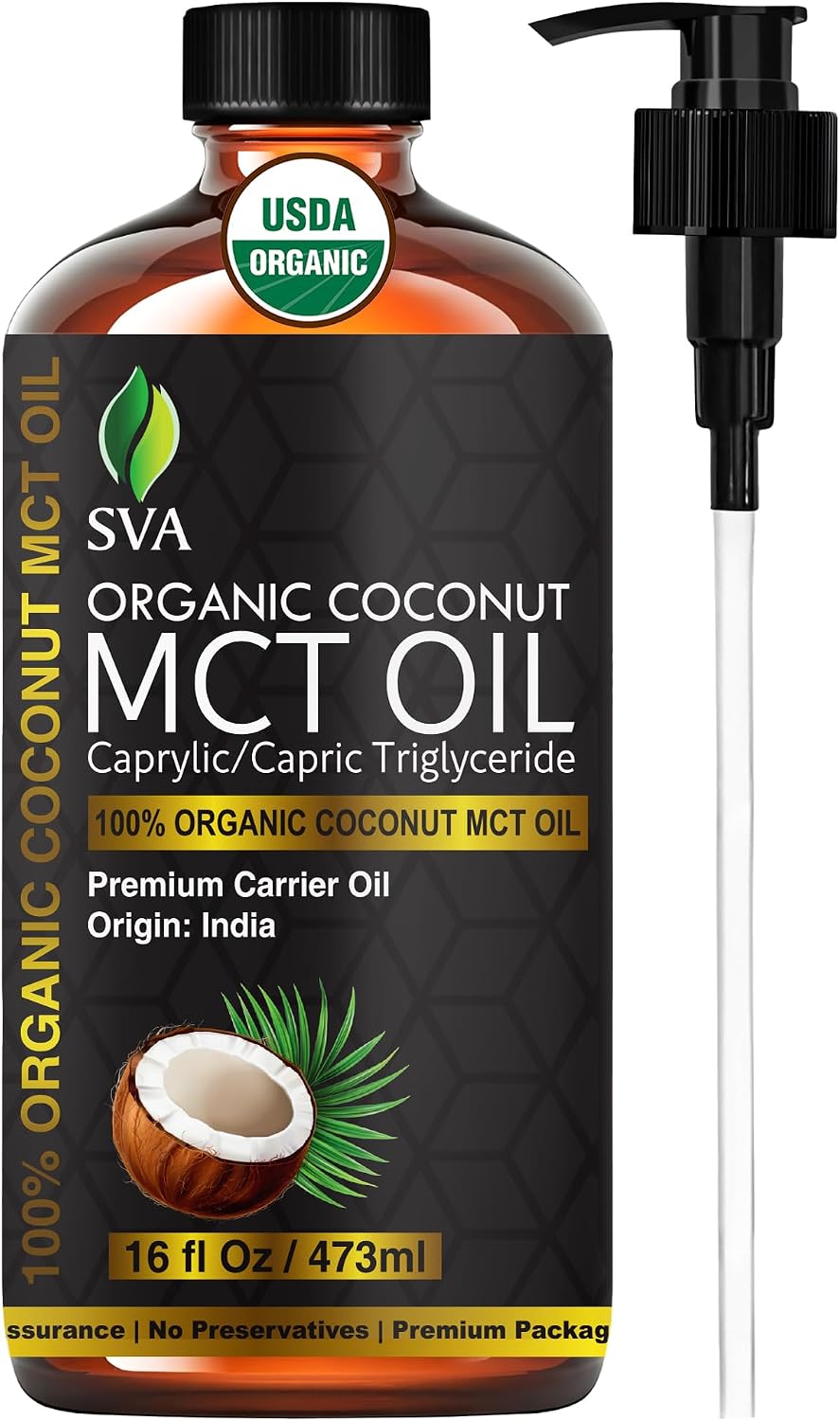 SVA MCT Oil Organic – 16 Fl Oz – 100% Natural Cold Pressed Organic MCT Oil – for Face, Skin Care, Hair Care, Scalp Massage & Body Massage – Carrier Oil