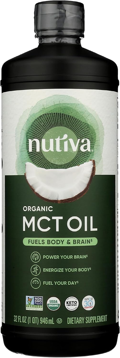 Nutiva Organic MCT Oil, Unflavored, 32 Oz, USDA Organic, Non-GMO, Non-BPA, Whole 30 Approved, Vegan, Gluten-Free & Keto, 14g MCT per Serving & Neutral Flavor for Energy Boost to Coffee, Shakes and Salads
