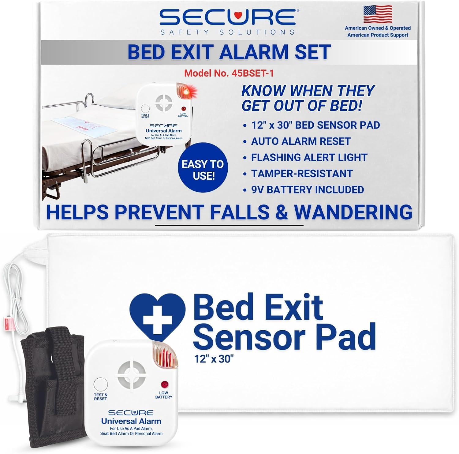 Secure Safety Solutions Bed Exit Alarm for Elderly Dementia Patients | 12×30 Pressure Sensor Pad, 80 dB Caregiver Alert Monitor, Protective Holder, 9V Battery, Fall Prevention, Monitoring Seniors