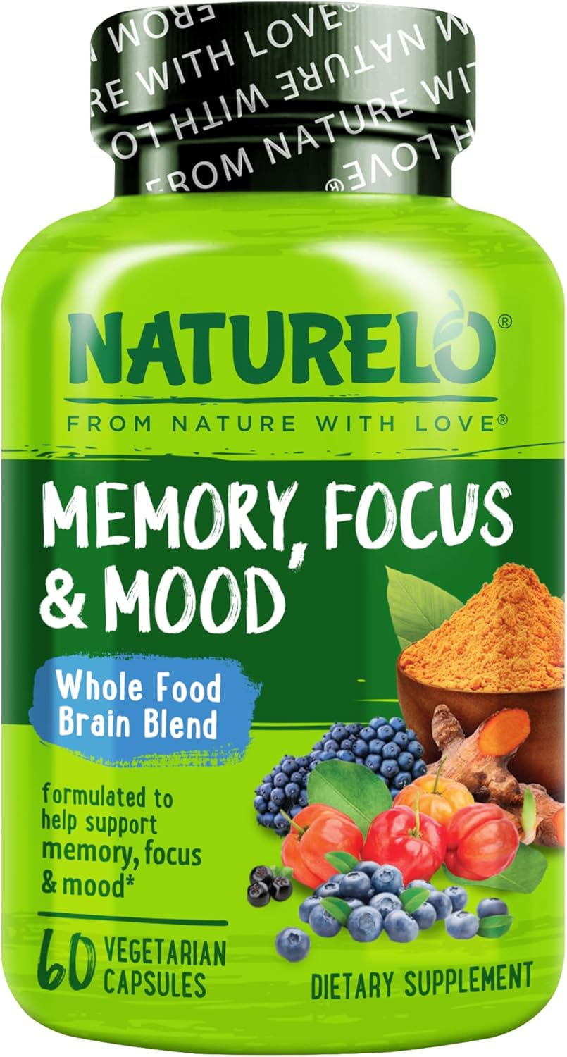 NATURELO Whole Food Brain Supplement – Brain Health Supplements for Memory & Focus Support – Enhance Brain Health Blend Supplement for Adults – 60 Vegetarian Capsules