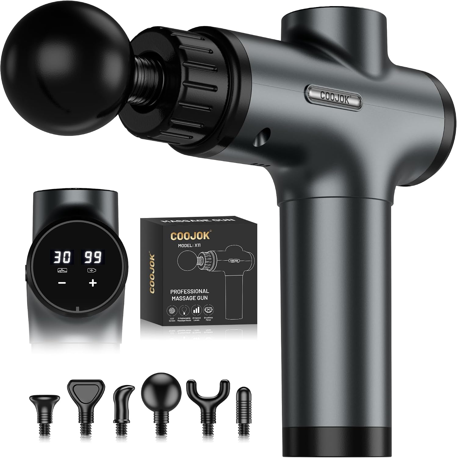 COOJOK® Massage Gun Deep Tissue, Handheld Electric Muscle Massager with 6 Massage Heads, 30 Speed Levels, Percussion Massager Gun for Pain Relief, Back Massager for Athletes Men Women