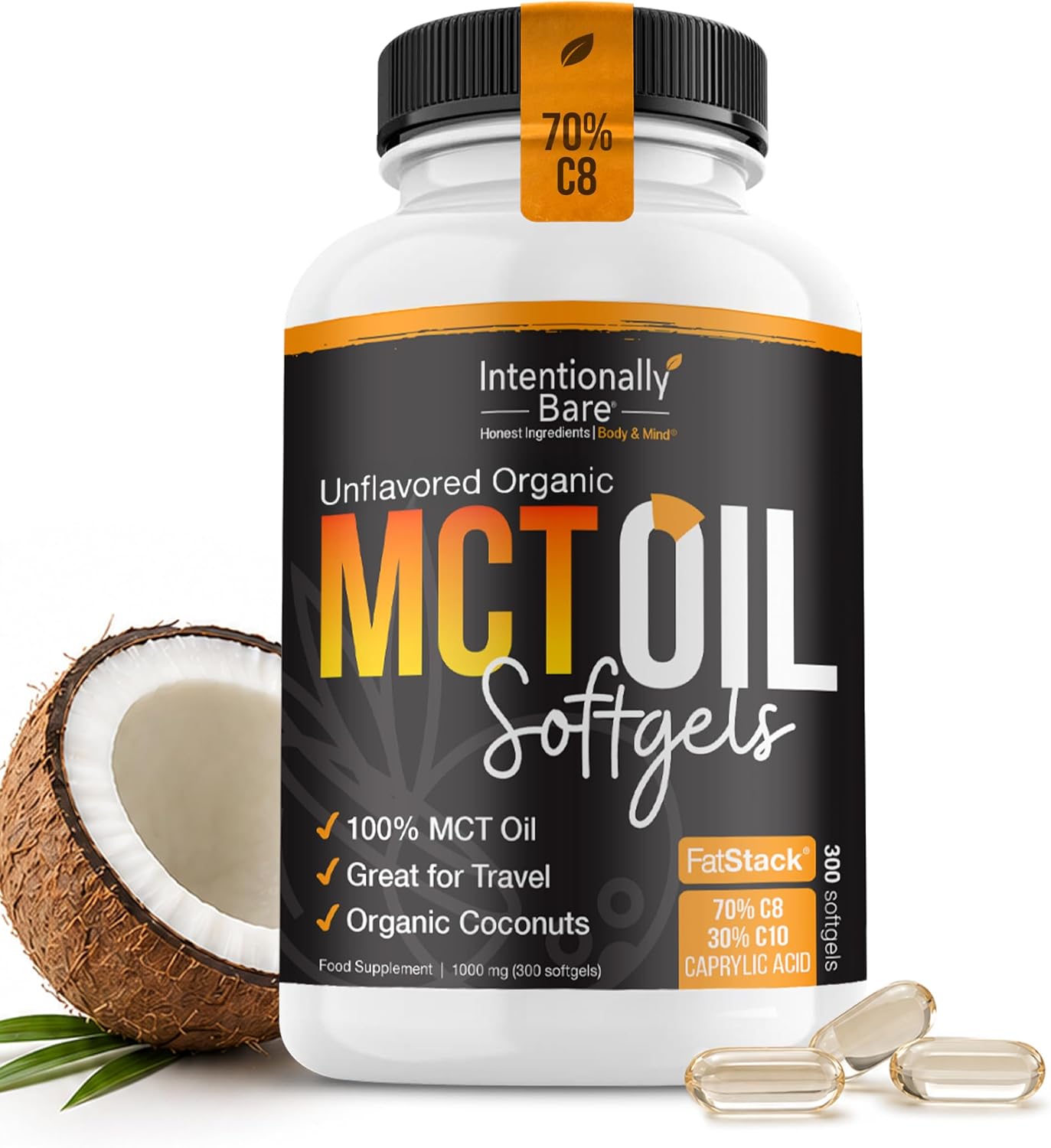 Intentionally Bare Organic MCT Oil Capsules -70% C8 and 30% C10 MCT Supplement- Clean Energy, Brain Health, Mood & Focus -Coconut C8 Pills for Low Carb, Keto & Paleo & Great for Travel-300 Soft Gels