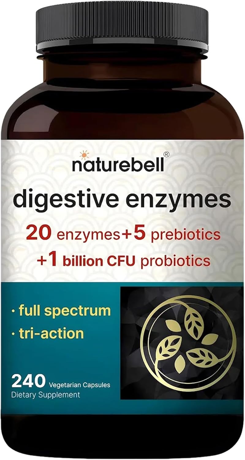 NatureBell Digestive Enzymes – 240 Capsules – Gut & Digestive Health Support Supplement* – with 20 Enzymes, 5 Prebiotics & 10-Strand Probiotic Blend