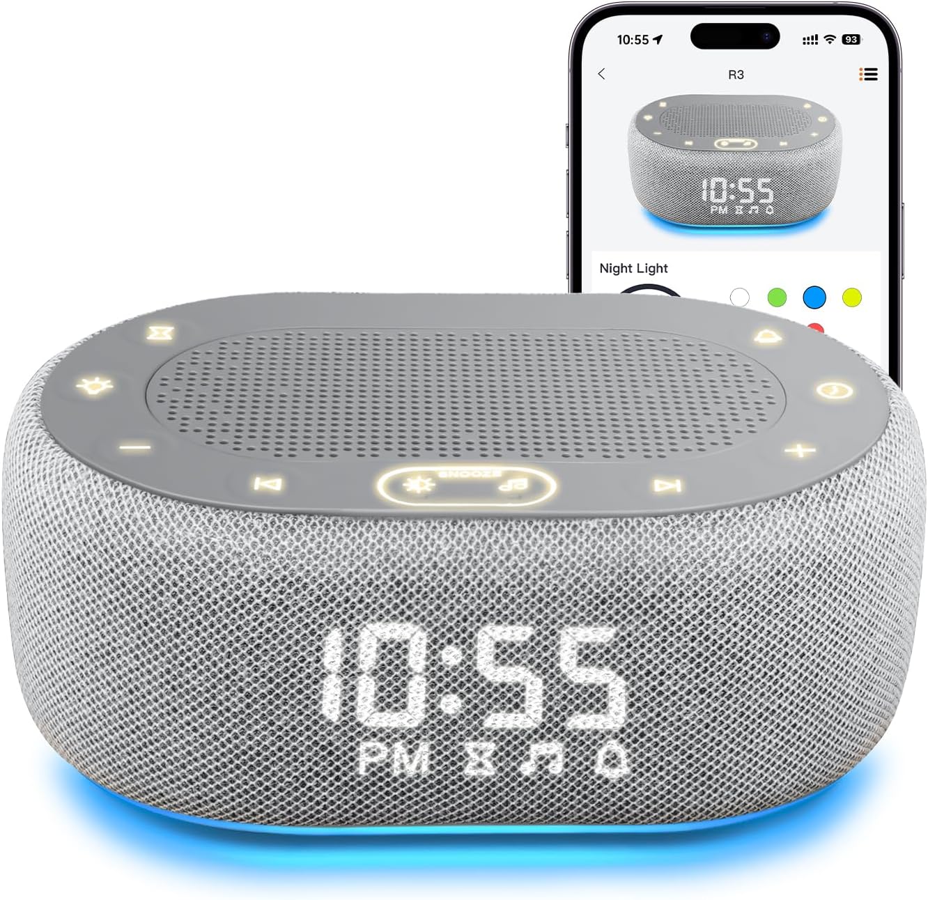 1Mii White Noise Machine with Alarm Clock, Sound Machine for Sleep for Adult Baby, Smart App Controlled，30 Soothing Sounds, Sleeping Timer, Dimmable 7-Color Night Light, 30 Volume Levels – Grey