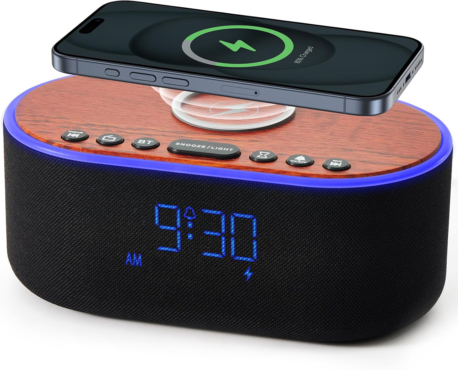 uscce Alarm Clock Bluetooth FM Radio: 10W Stereo Sound Speaker – Fast Wireless Charging for iPhone Samsung – Dimmable Clock Radio for Bedroom