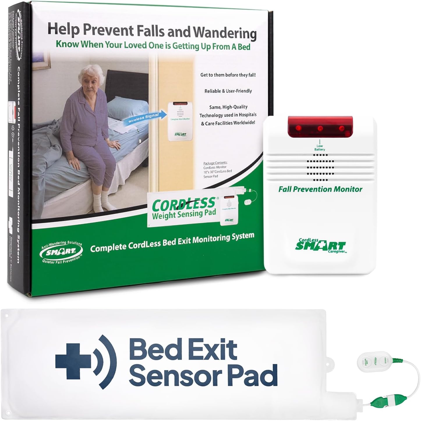 Smart Caregiver Wireless Bed Pad Alarm System with Weight Sensor Pad for Fall Prevention | 10″ x 30″ Alarm Pad for Bed Alerts Medical Caregiver | Cordless Bed Alarm with Up to 300′ Range
