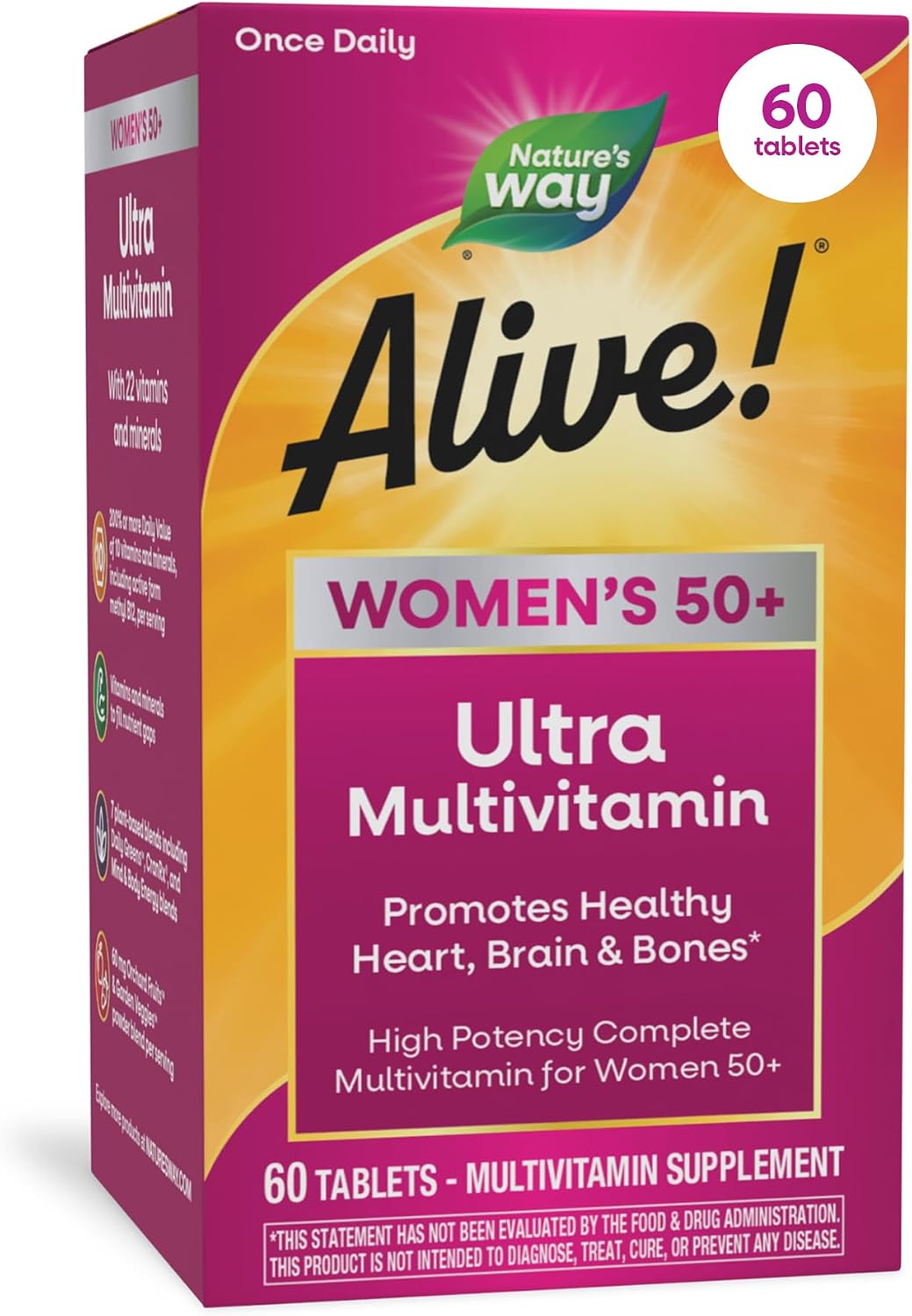 Nature’s Way Alive! Ultra Potency Multivitamin for Women 50 Plus, Complete High Potency Formula with Vitamin D3, C, E, Methylated B12, Supports, Heart, Brain, and Bone Health*, 60 Tablets