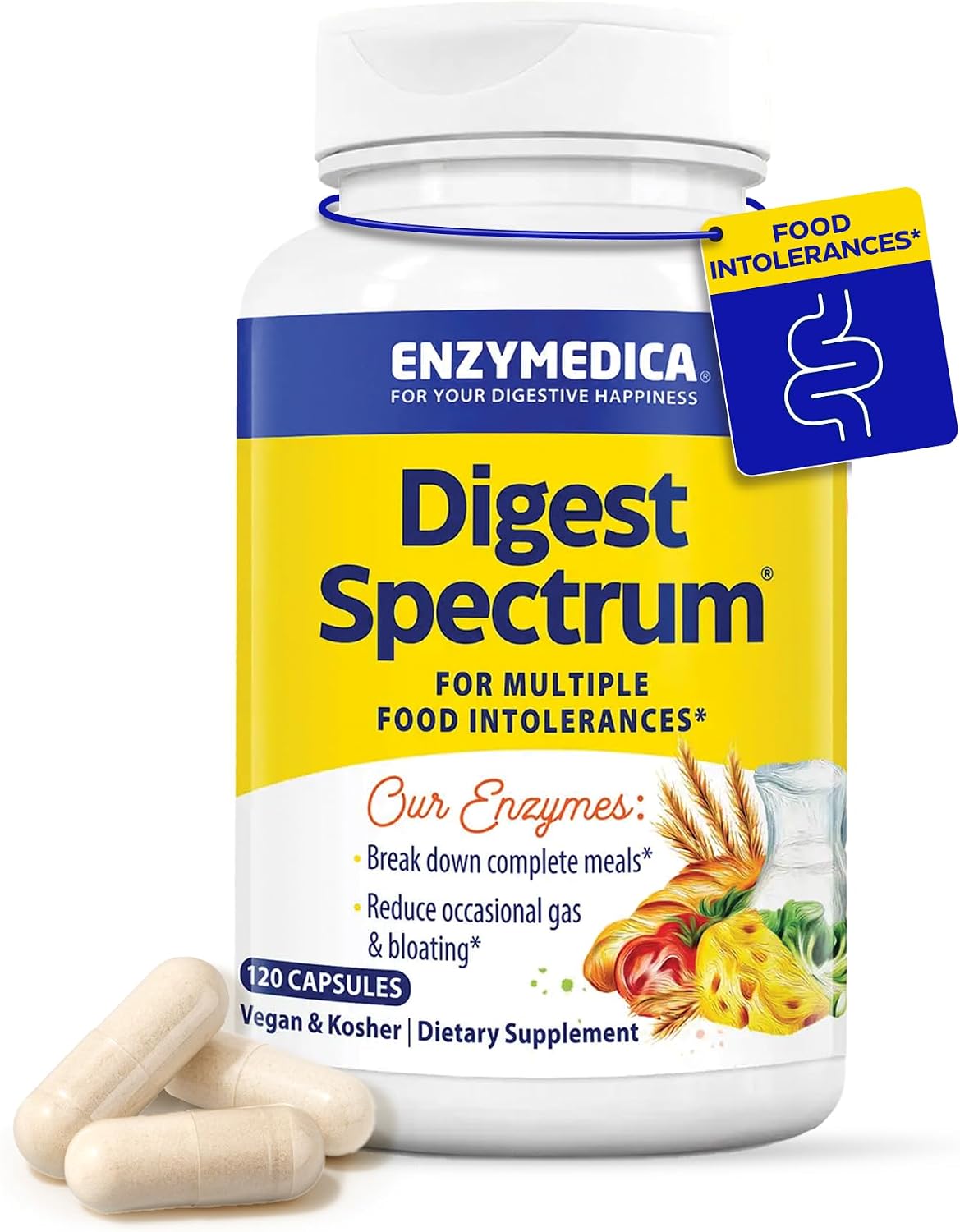 Enzymedica Digest Spectrum – Digestive Enzyme Supplement for Women & Men, Enzymes for Digestion, Gut Health, & Multiple Food Intolerances, Targets Gluten & Lactose, Helps Gas & Bloating – 120 Caps