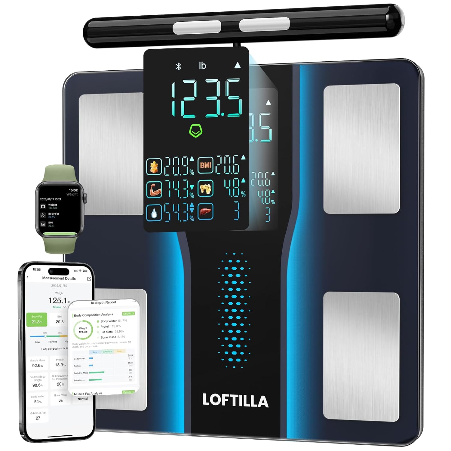 LOFTILLA Smart Scale for Body Weight, 8-Electrode Bluetooth Bathroom Scale with BMI Body Fat Muscle Mass, 50+ Full Body Composition Metrics, High Accurate Scales with 5.4″ Large LED Display Black