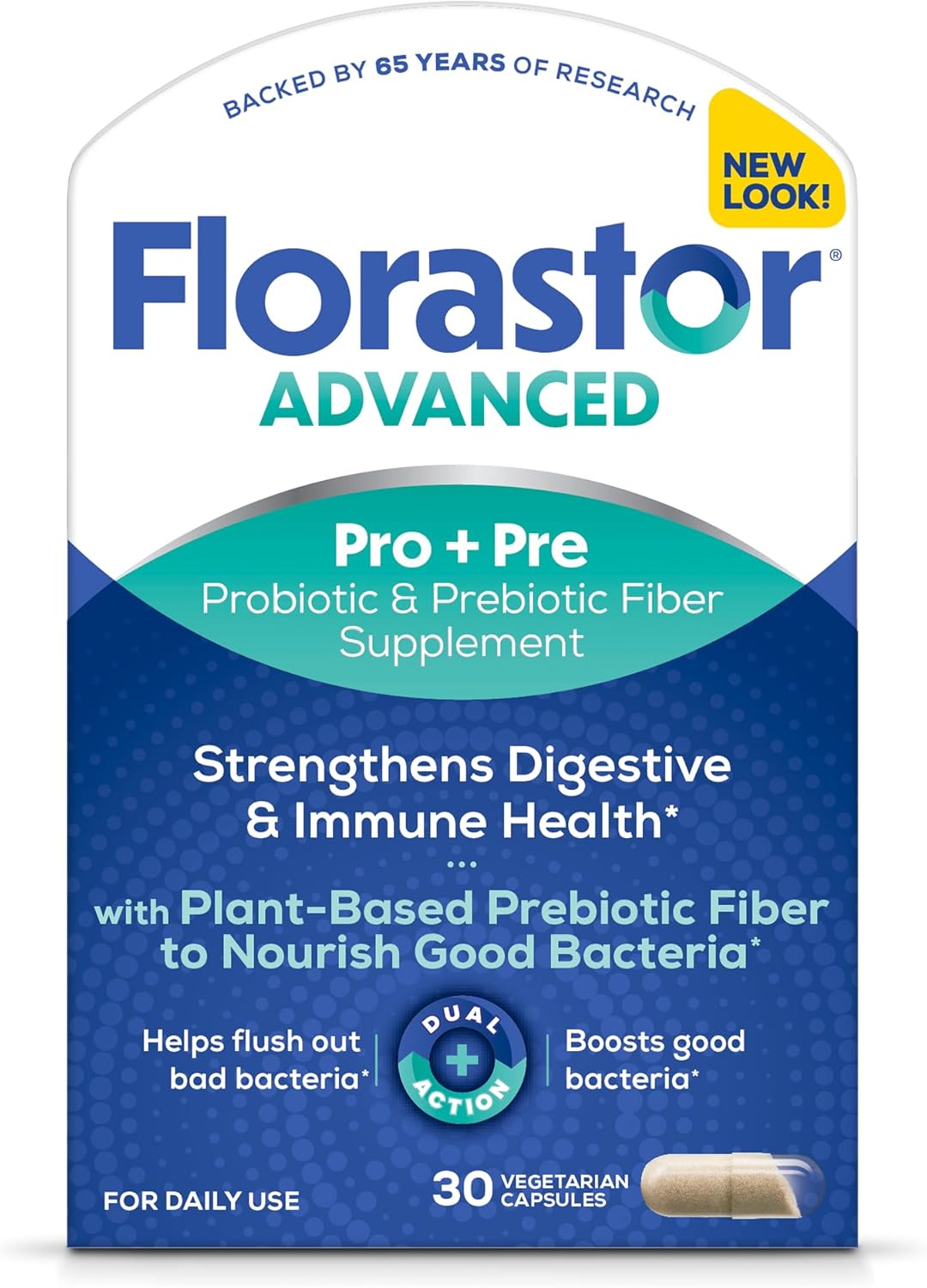 Florastor Advanced Pro+Pre Daily Probiotic and Prebiotic Supplement for Women and Men, Boosts Good Bacteria, Saccharomyces Boulardii CNCM I-745 (30 Capsules) (Pack of 1)