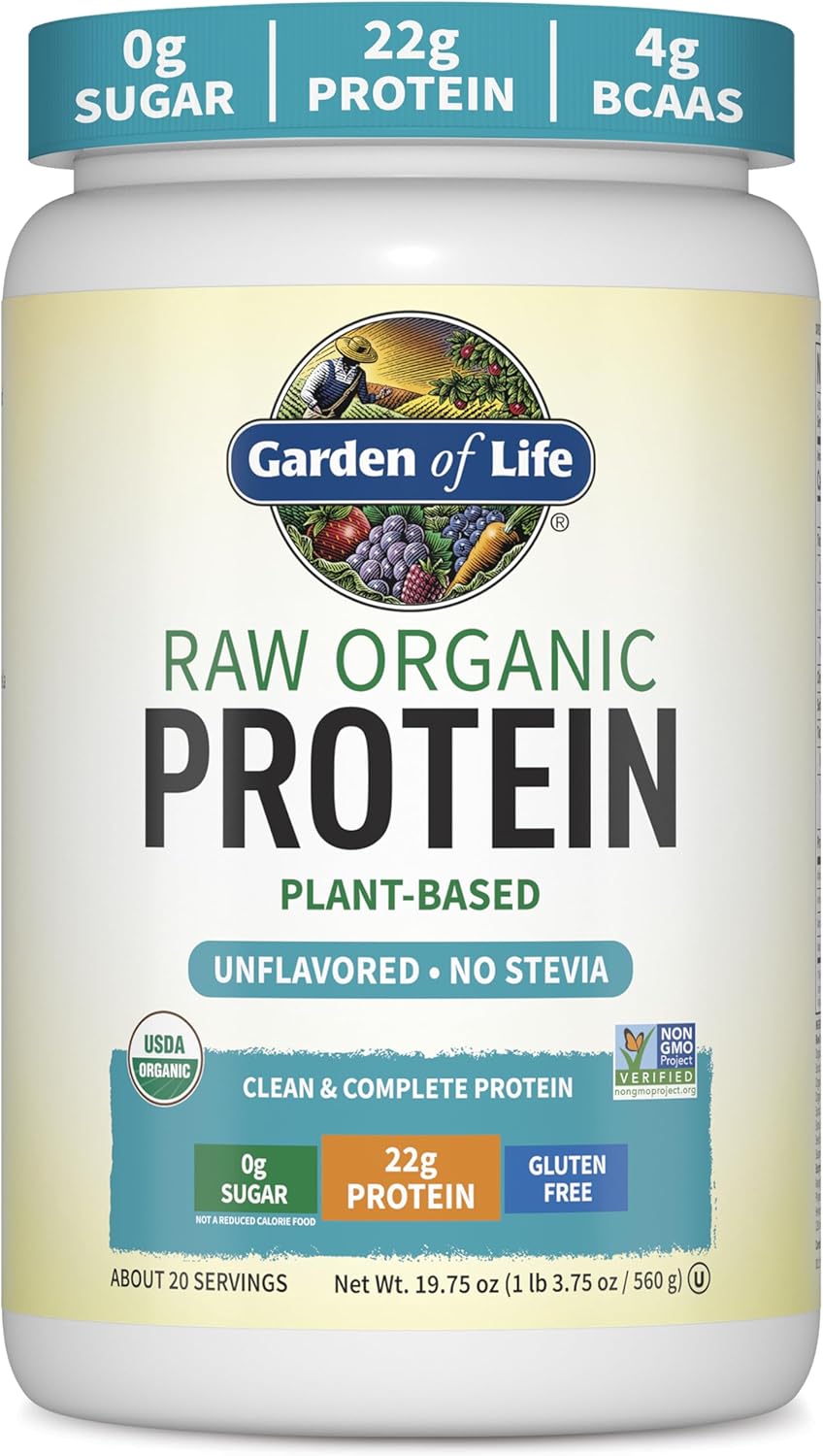 Garden of Life Protein Powder, Vegan Protein Powder, BCAA, Probiotics & Digestive Enzymes, Gluten & Lactose Free, Unflavored, 20 Servings