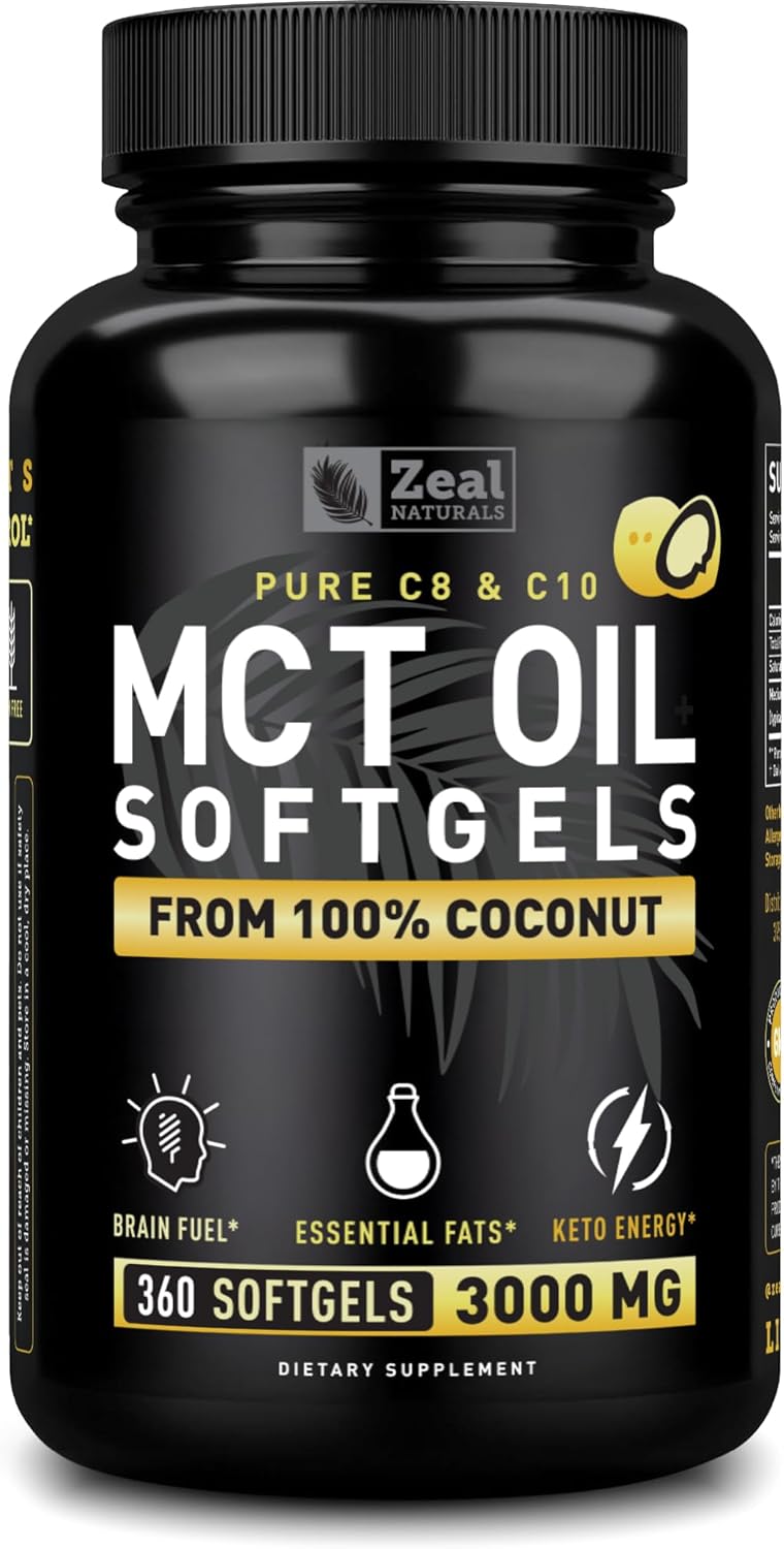 Zeal Naturals Pure MCT Oil Capsules – 3000mg, 360 Softgels |C10, C8 MCT Oil Unrefined Coconut | Energy Support & Brain Fuel Supplement | Gluten-Free