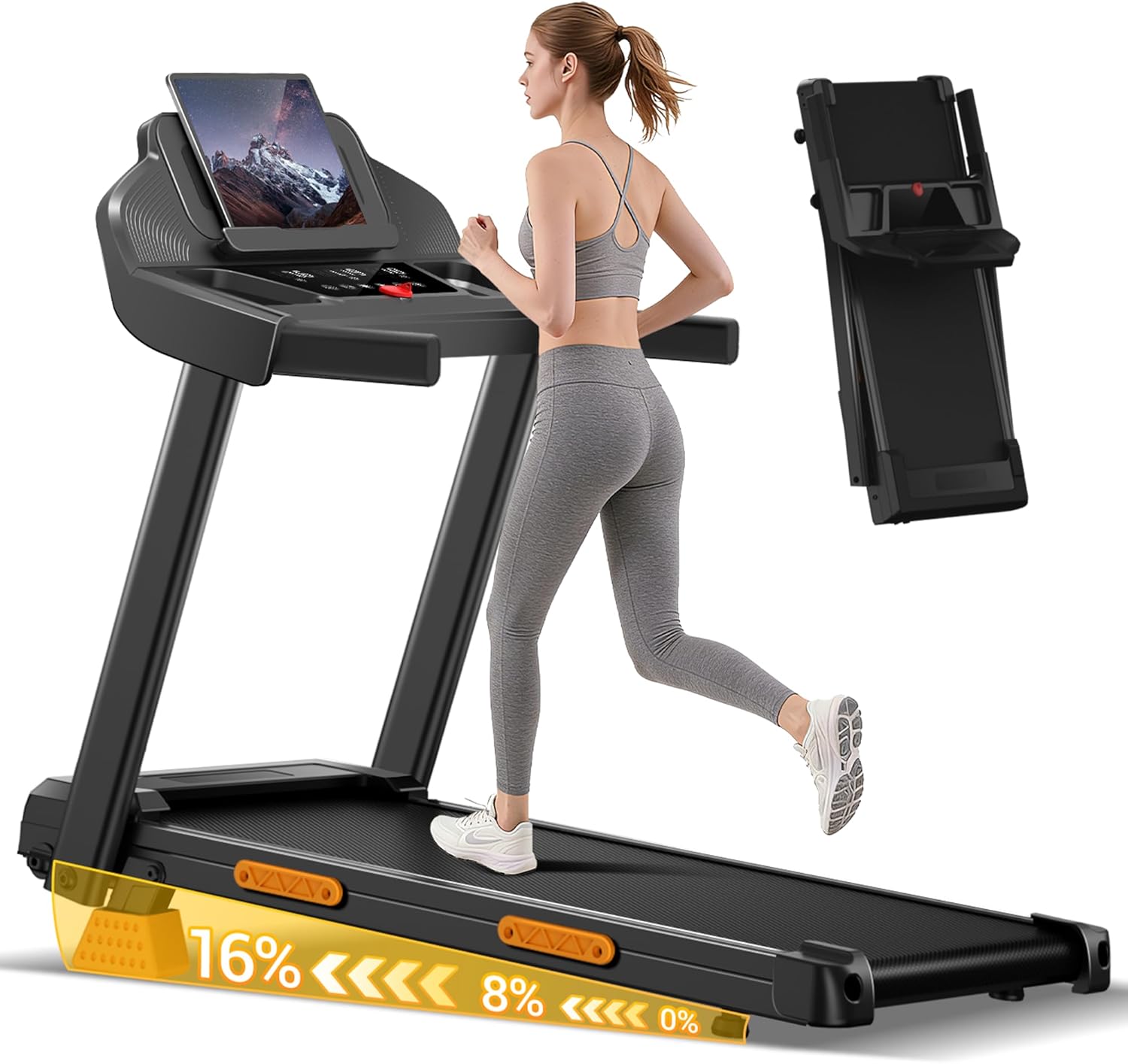 16% Incline Treadmill with Handle, 4-in-1 Foldable Treadmill with Triple-Screen Console, 3.0HP Quiet Brushless Treadmills for Home and Office Use, 400 LBS Capacity