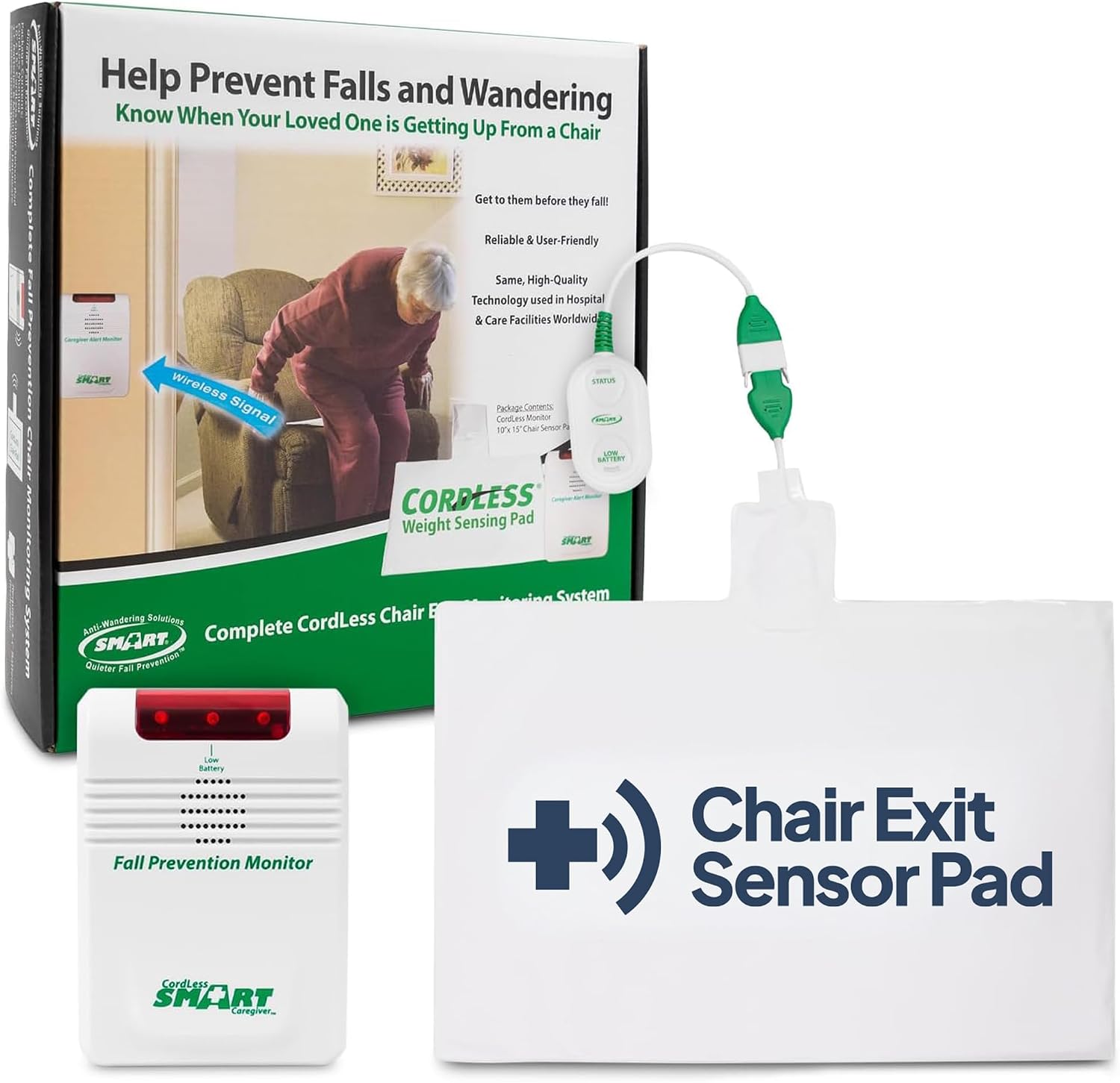 Smart Caregiver Wireless Chair Exit Alarm with Weight Sensing Pad – Automatically alerts caregiver when they get up to prevent falls | 10″x15″ Pressure Sensor and Cordless Chair Alarm up to 300′ Range