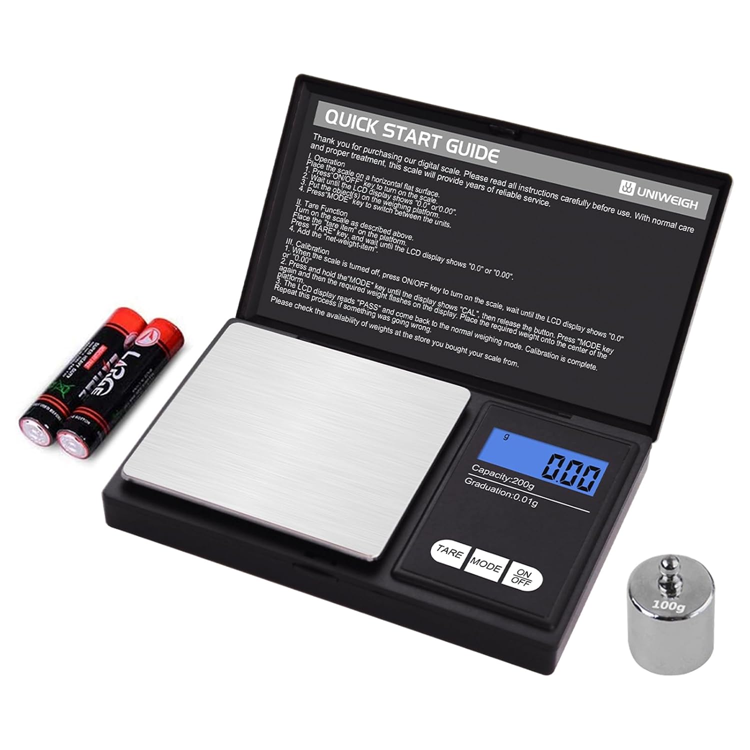 UNIWEIGH Gram Scale,200 gx0.01 g(7.05 oz x 0.001 oz) Digital Pocket Scale,Electronic Smart Weigh Scale,Portable Small Jewelry Scale Grams and Ounces,Mini Scale with LCD Display,Tare (UA200H)