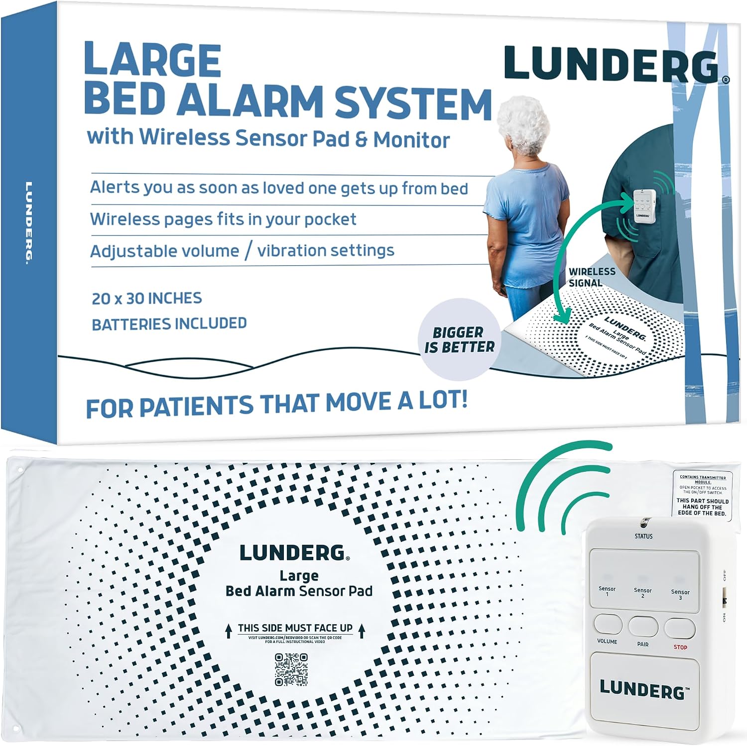 Lunderg Large Wireless Bed Alarm System for Elderly – Alerts Caregivers When They Get Up, Extra Coverage for Restless Sleepers, Fall Prevention for Dementia Care & Elderly Safety, Trusted US Company