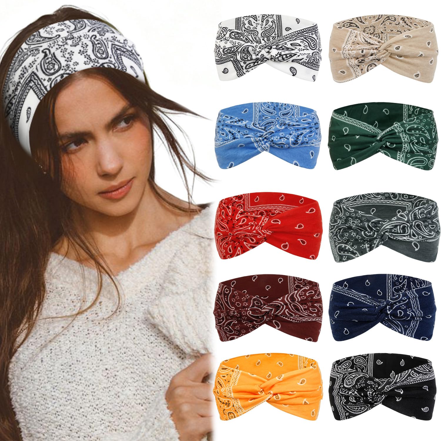 Tobeffect Headbands for Women, 10 Packs Wide Turban Head Bands Non Slip Cute Headband Stretchy Boho Headwrap for Wig, African Hairbands Hair Accessories for Yoga Sports Workout